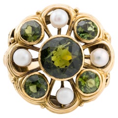 Arts & Crafts Green Tourmaline, Natural Pearl Foliate Motif Ring 14K Gold