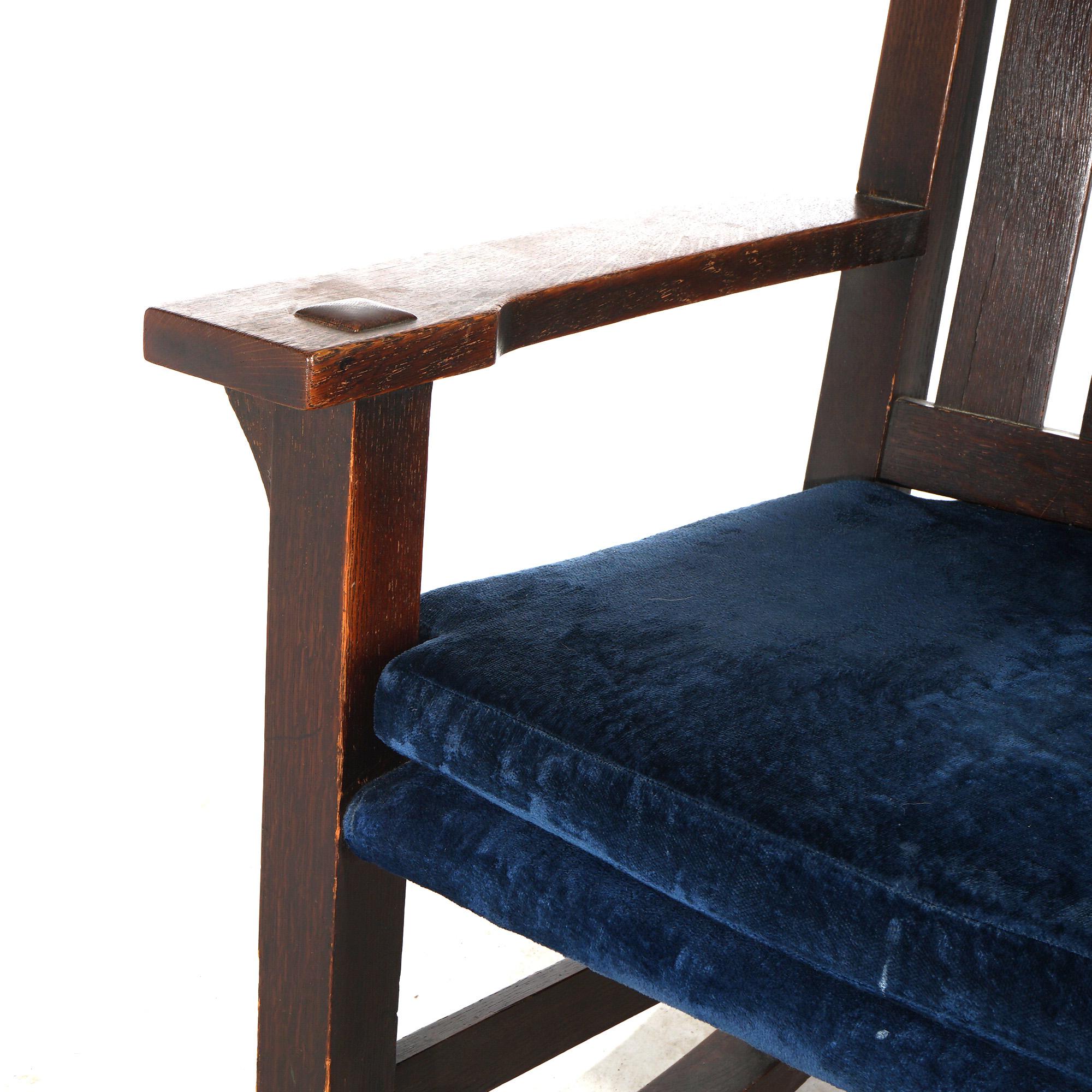 Upholstery Arts & Crafts Gustav Stickley Mission Oak “V” Slat-Back Rocker C1910 For Sale