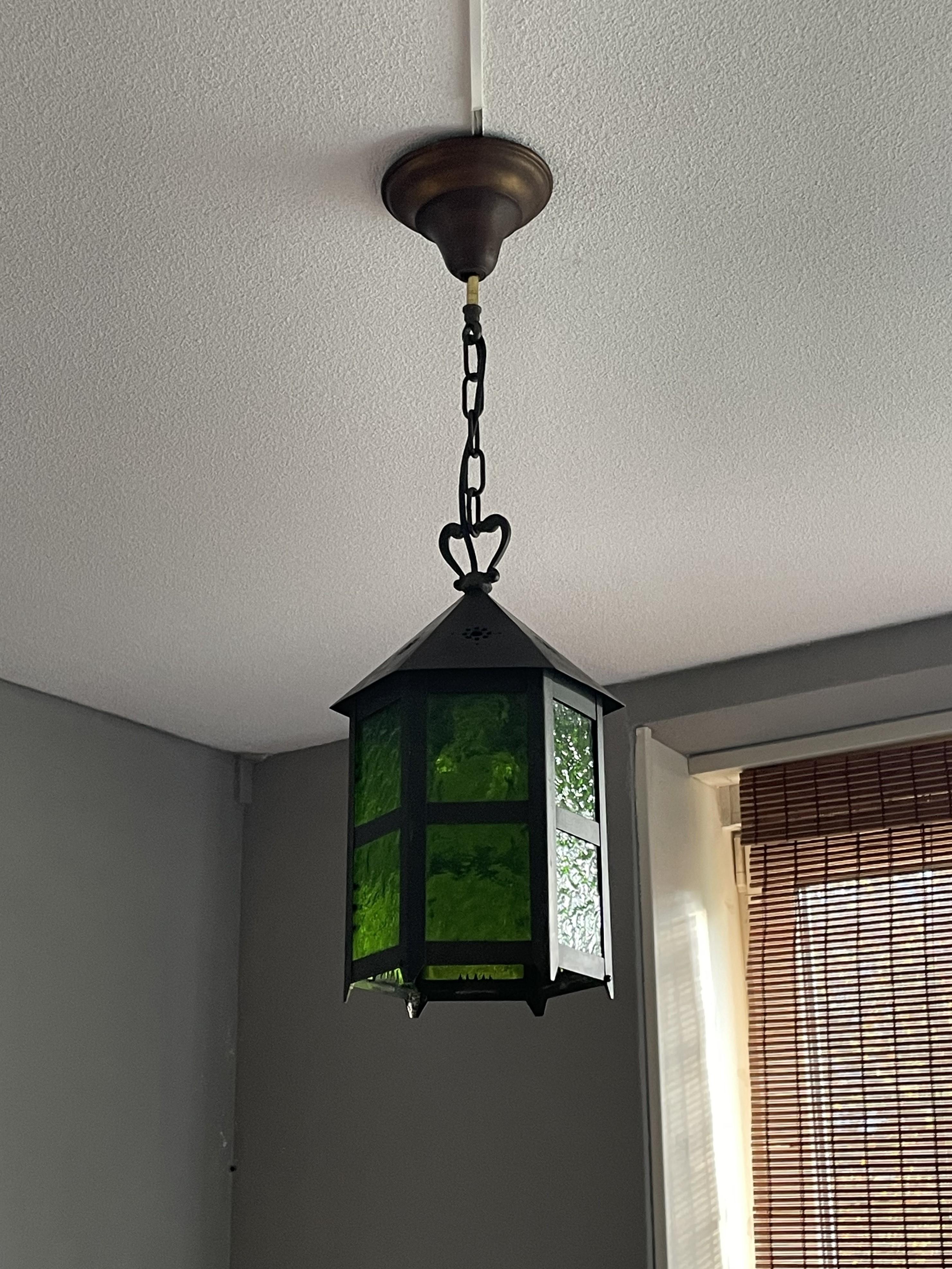 Lampe d'entrée Arts & Crafts Hallway avec Verre antique original, The Green Lantern 2