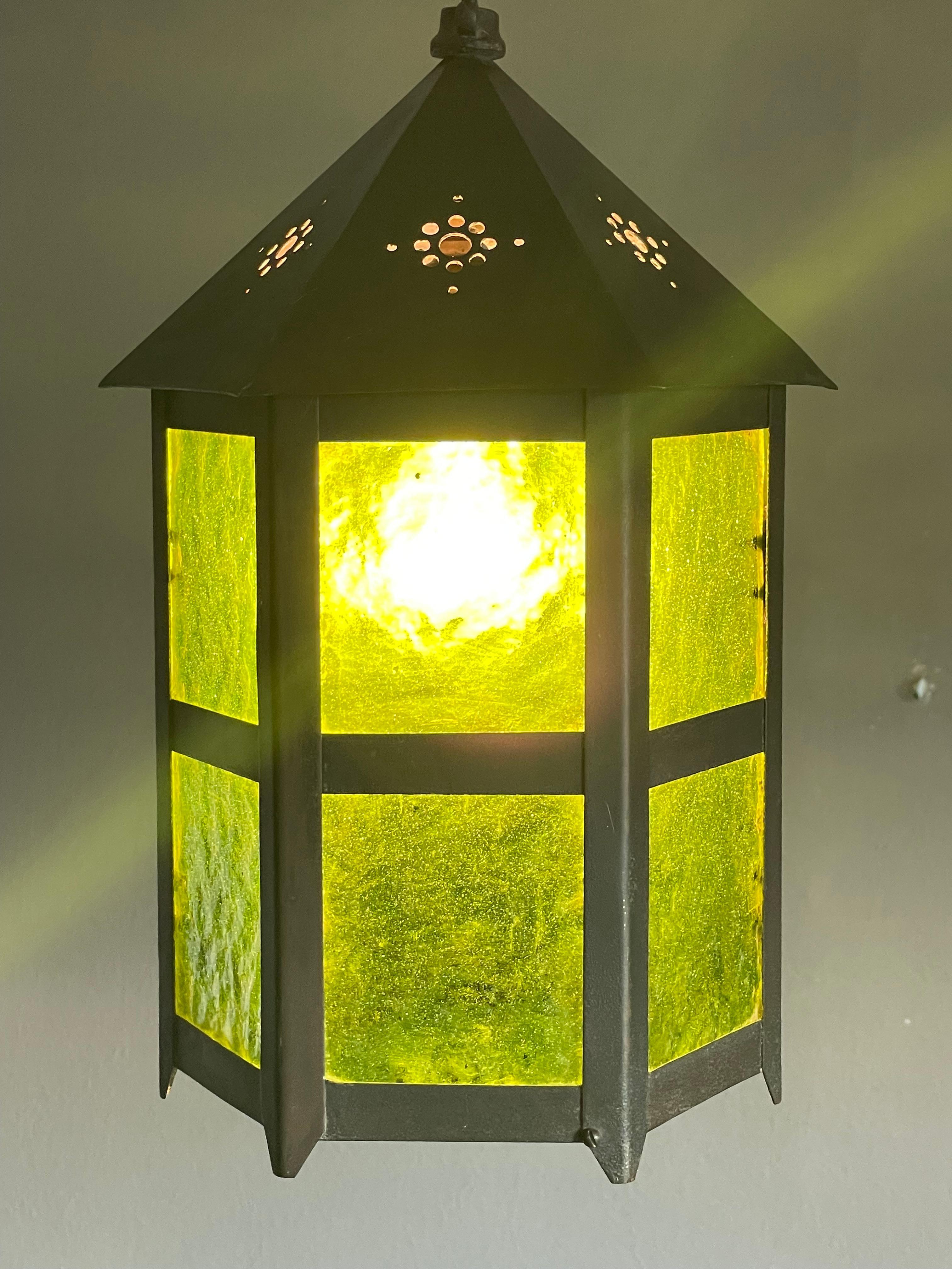 Lampe d'entrée Arts & Crafts Hallway avec Verre antique original, The Green Lantern 5