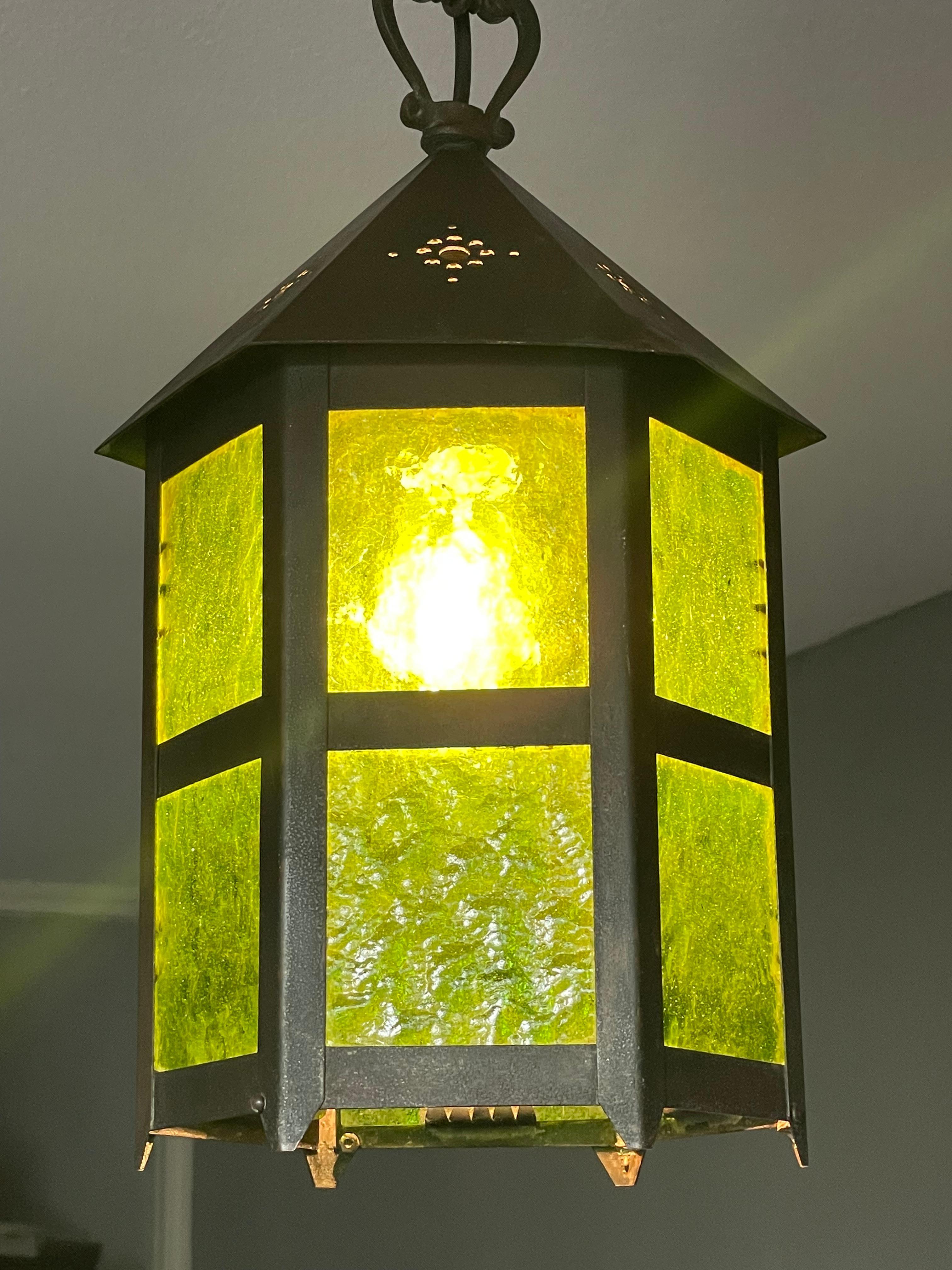 Lampe d'entrée Arts & Crafts Hallway avec Verre antique original, The Green Lantern 6