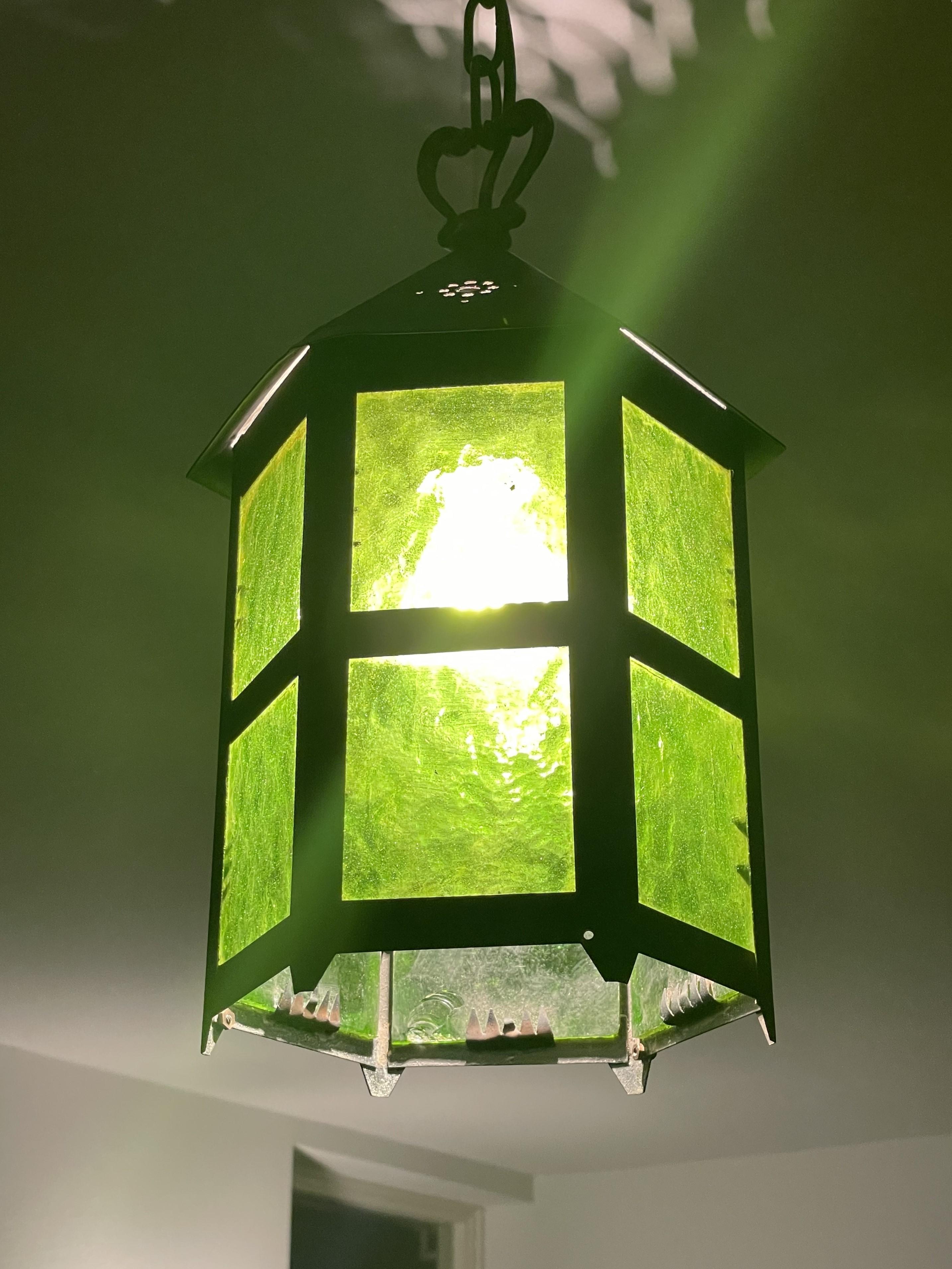 Lampe d'entrée Arts & Crafts Hallway avec Verre antique original, The Green Lantern 10