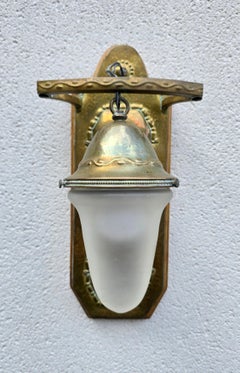 Arts & Crafts Hammered Brass and Frosted Glass Wall Sconce, England/France