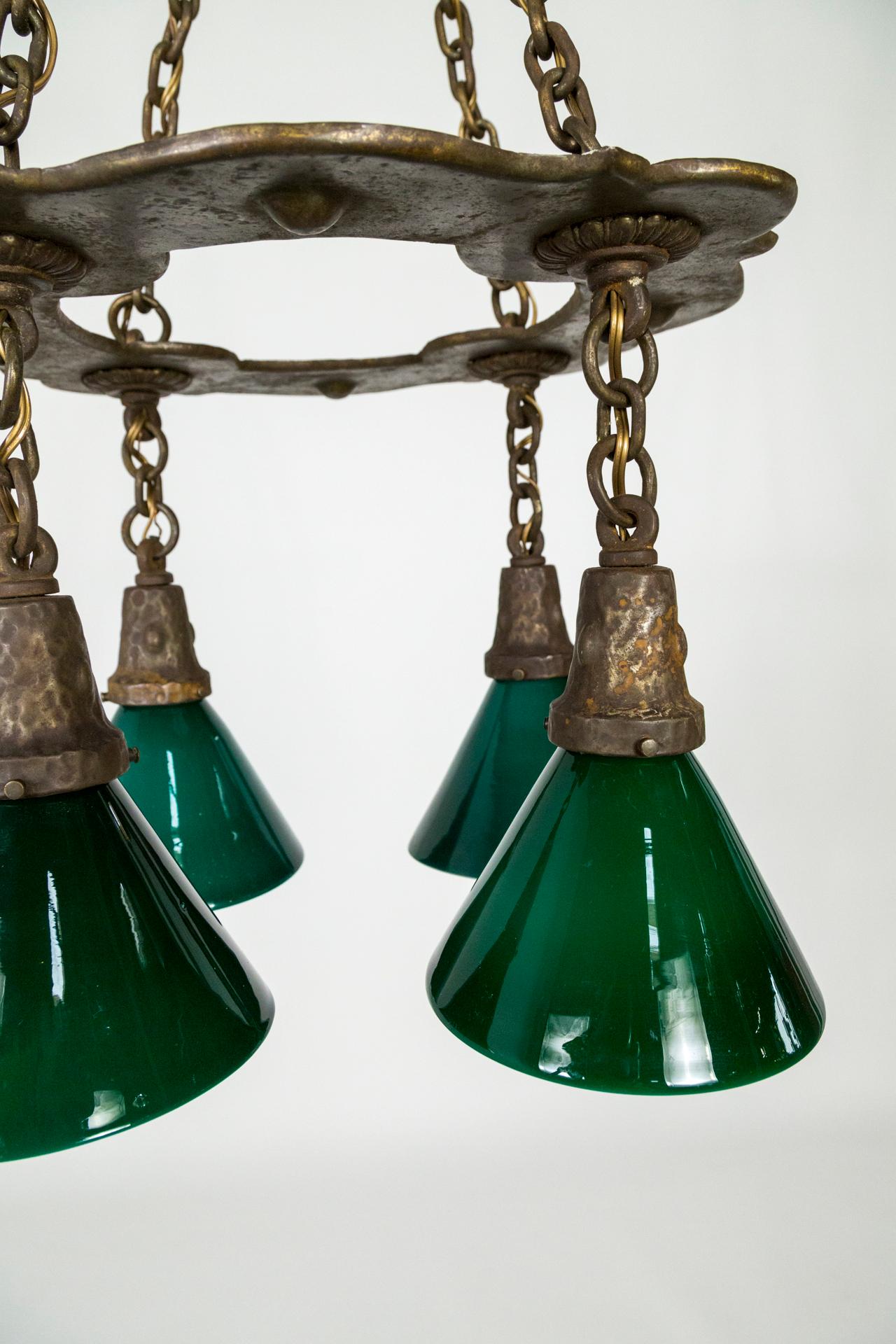 Arts & Crafts Hammered Darkened Metal Chandelier with Green Glass Shades For Sale 3