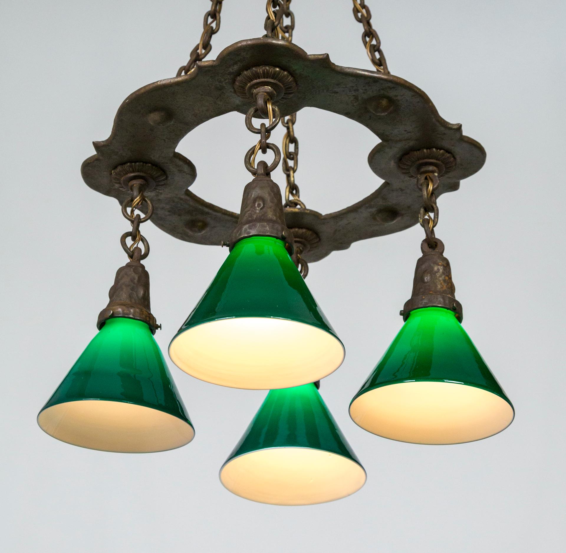 Arts and Crafts Arts & Crafts Hammered Darkened Metal Chandelier with Green Glass Shades For Sale