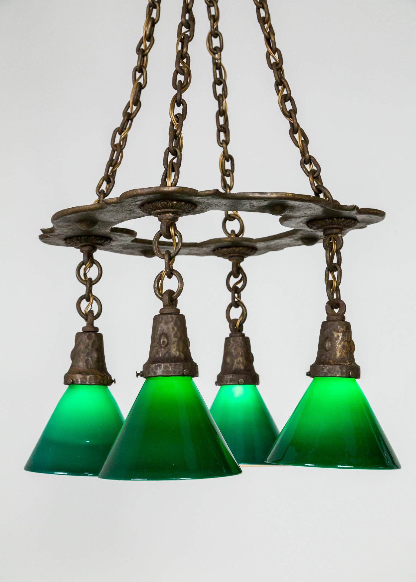 English Arts & Crafts Hammered Darkened Metal Chandelier with Green Glass Shades For Sale
