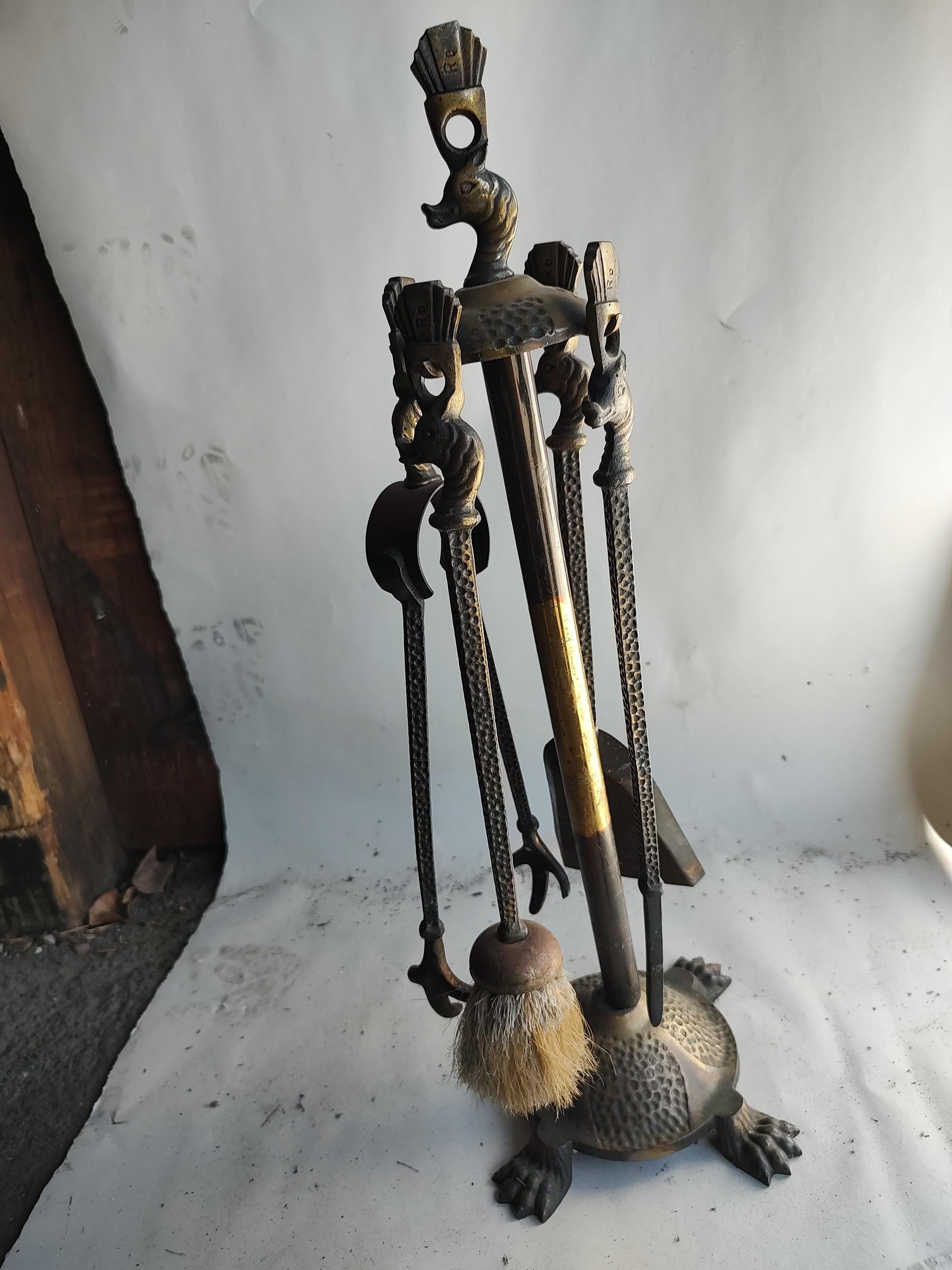 Arts & Crafts Hammered Figural Brass 5 Piece Set of Fireplace Tools For Sale 2