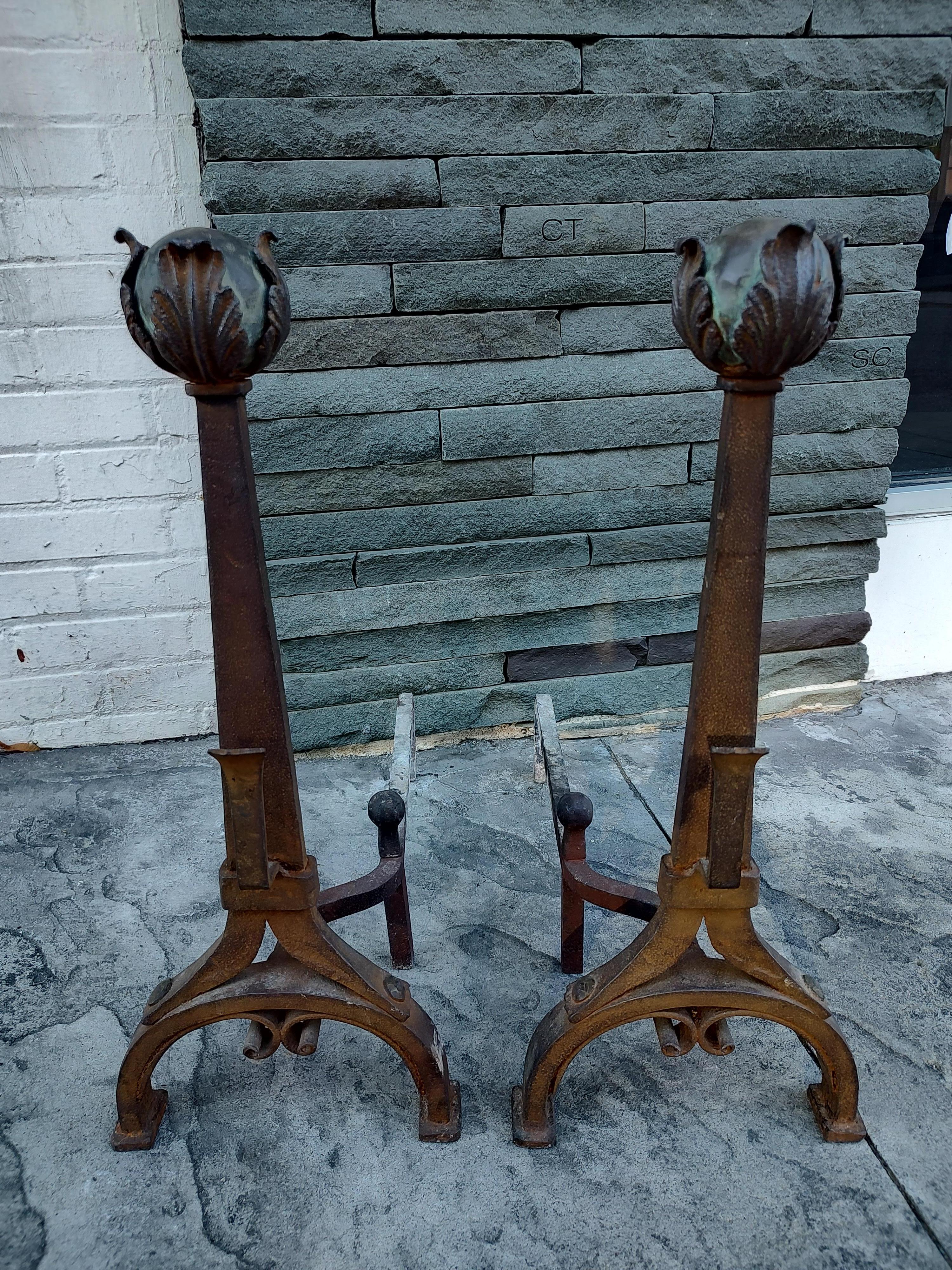 Early 20th Century Arts & Crafts Hammered Iron with Brass Ball Finials, C1910 For Sale