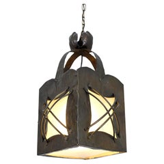 Arts & Crafts Hammered Sheet Metal and Frosted Glass Pendant, Finland 1920s