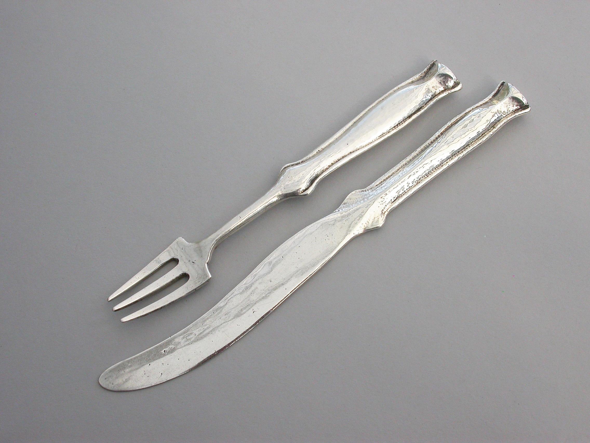 Arts and Crafts Arts & Crafts Hammered Silver Dessert Knife & Fork, by Ramsden & Carr 1913 For Sale