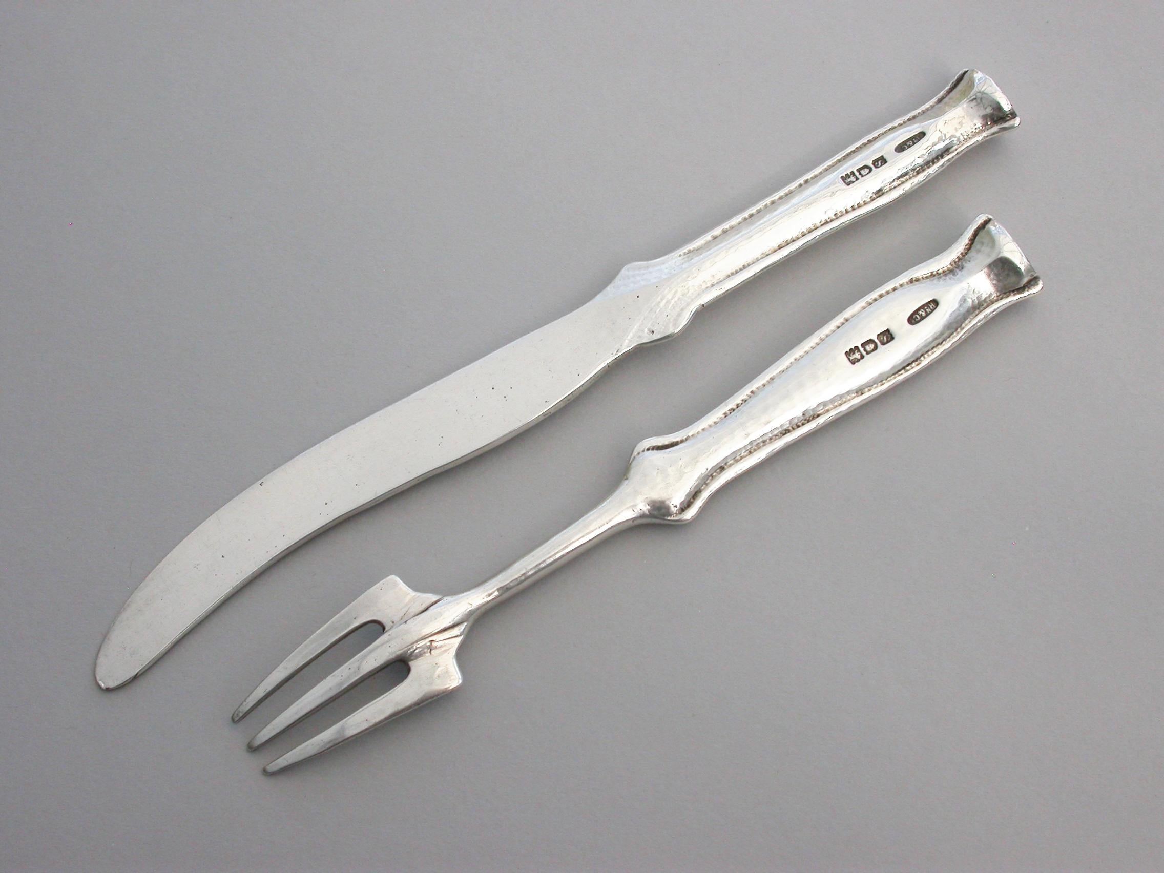 Arts & Crafts Hammered Silver Dessert Knife & Fork, by Ramsden & Carr 1913 For Sale 1