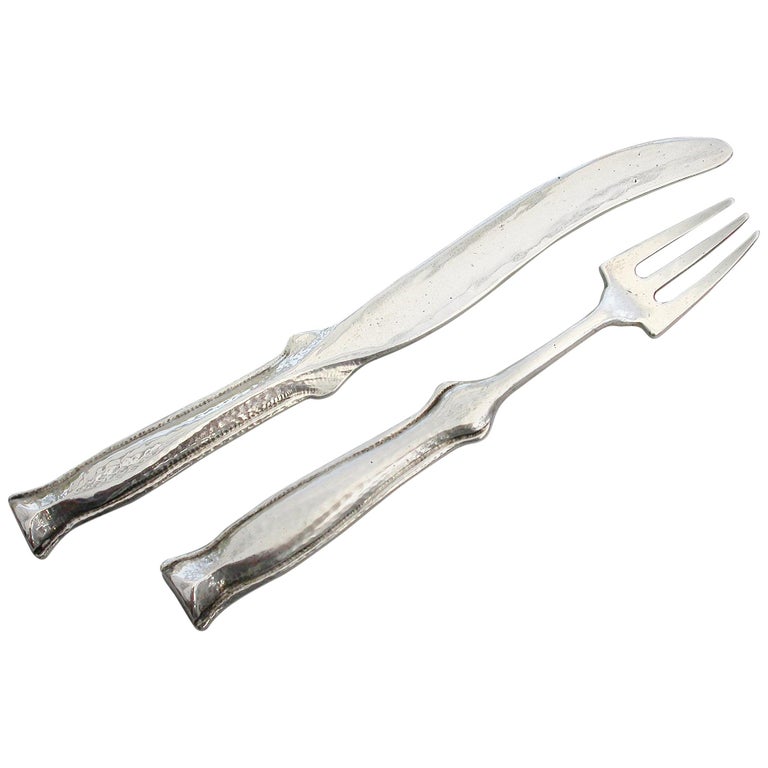 Arts and Crafts Hammered Silver Dessert Knife and Fork, by Ramsden and
