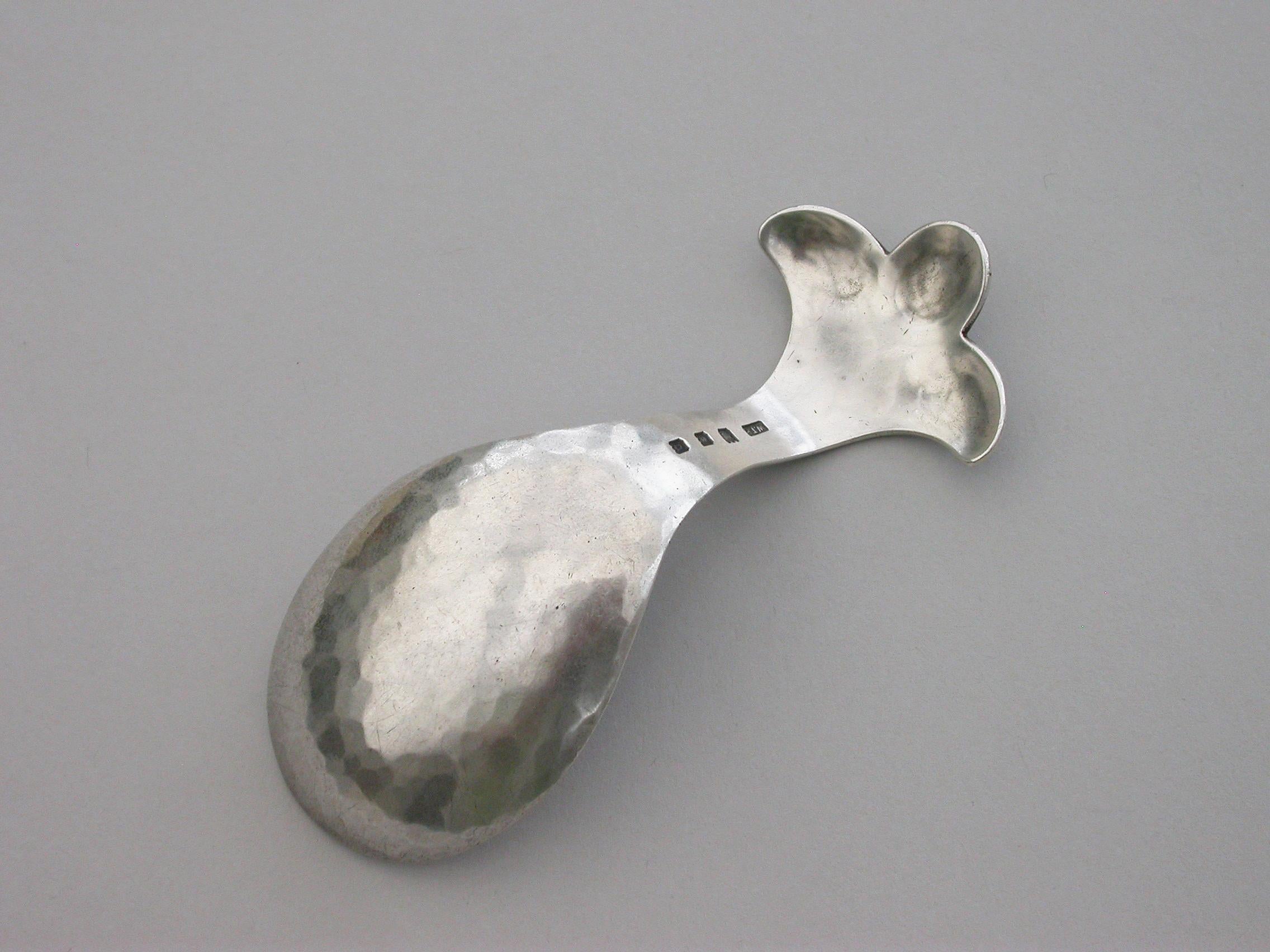 English Arts & Crafts Hammered Silver Trefoil Caddy Spoon by W T Pavitt, London, 1929 For Sale