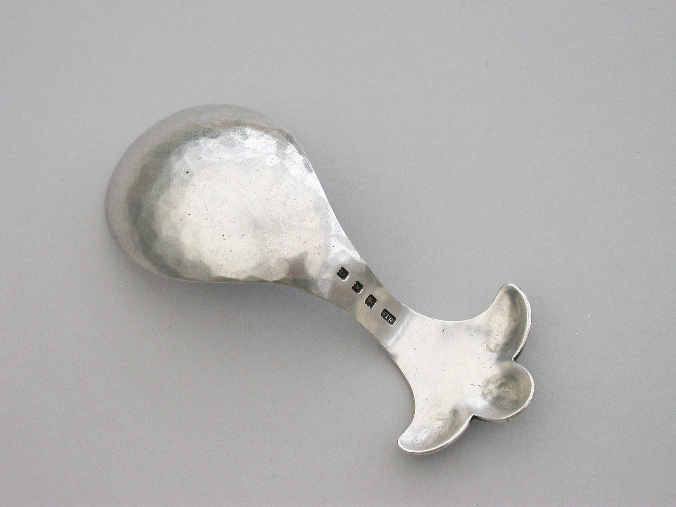 Early 20th Century Arts & Crafts Hammered Silver Trefoil Caddy Spoon by W T Pavitt, London, 1929 For Sale