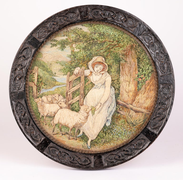 Arts and Crafts Hand Carved Oak Framed Needlework After Wheatley For