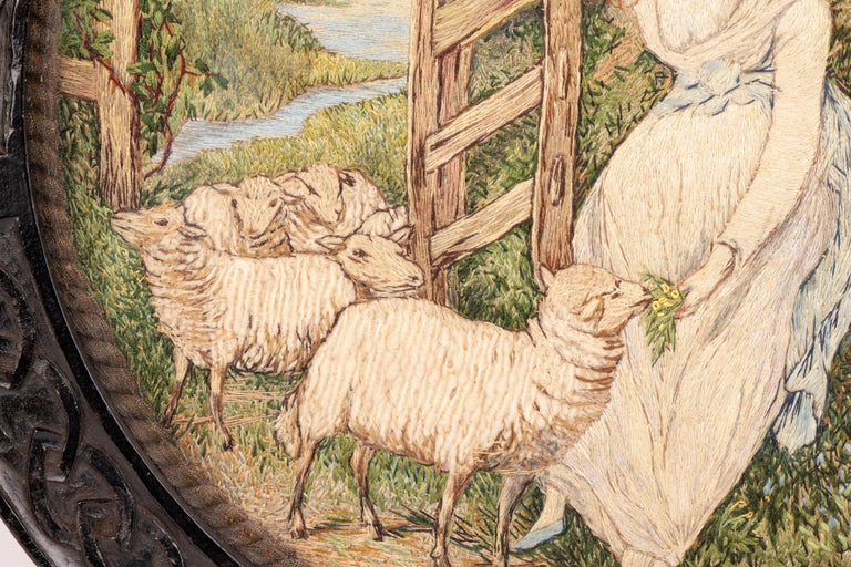 Arts and Crafts Hand Carved Oak Framed Needlework After Wheatley For