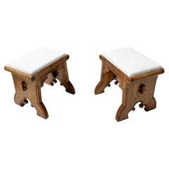 Arts & Crafts Hand-Carved Oak Stools with Boucle Upholstery, 1900s
