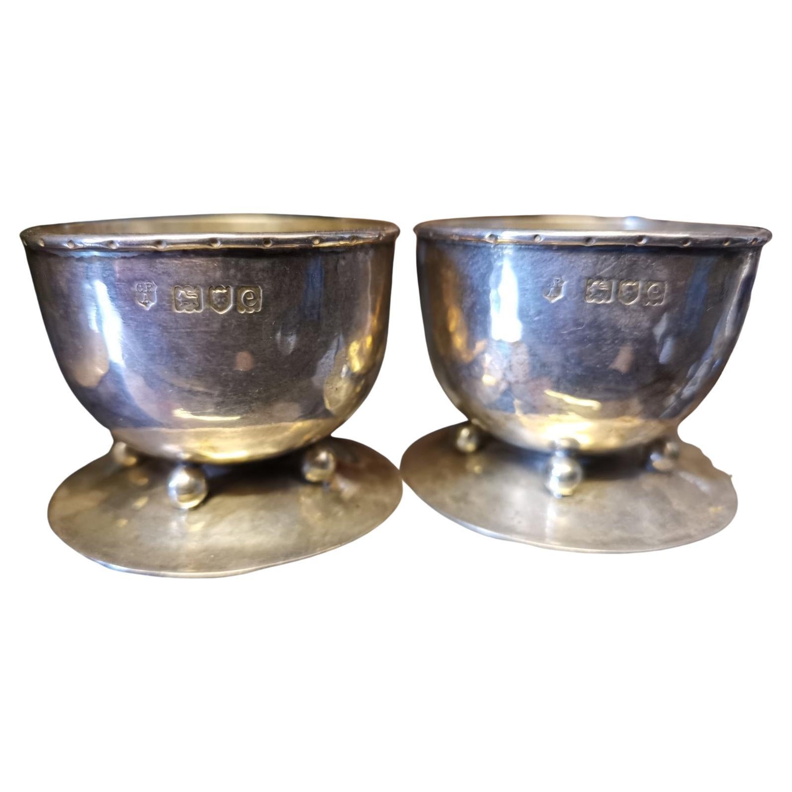 C R Ashbee GOH. A Rare Pair of Arts & Crafts Hand-Crafted Hammered Silver Salts. For Sale