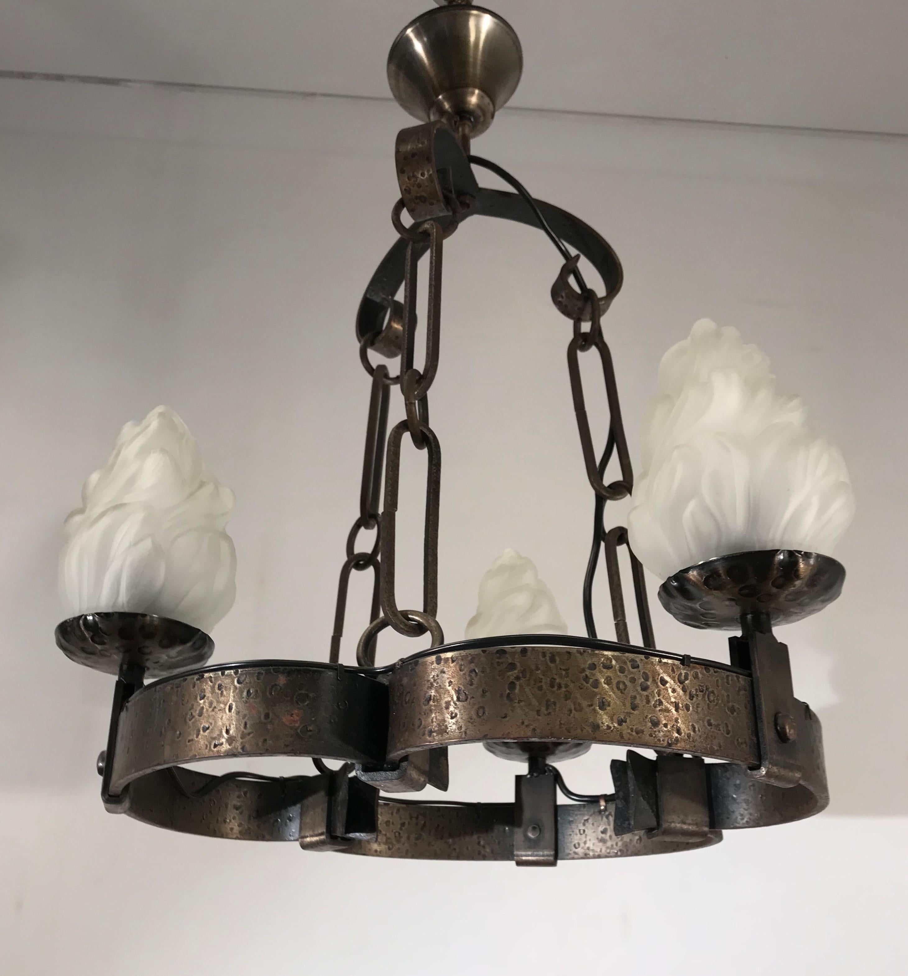 20th Century Arts & Crafts Hand-Hammered Wrought Iron Castle or Wine Cellar Pendant Light For Sale