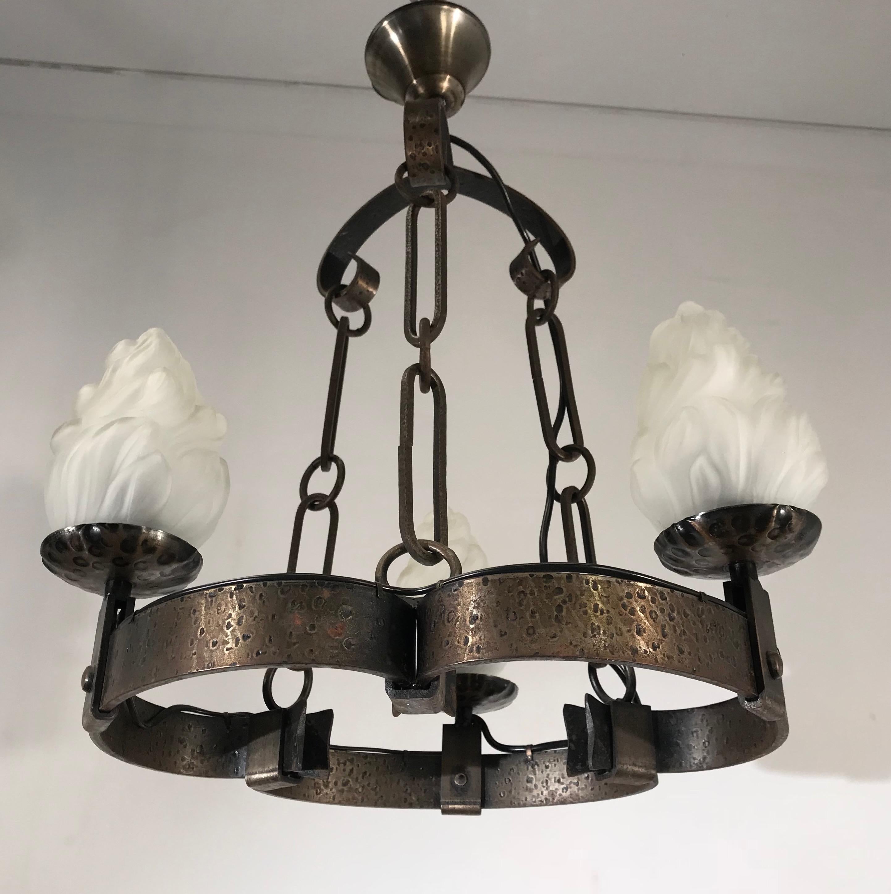 Hand-Crafted Arts & Crafts Hand-Hammered Wrought Iron Castle or Wine Cellar Pendant Light For Sale