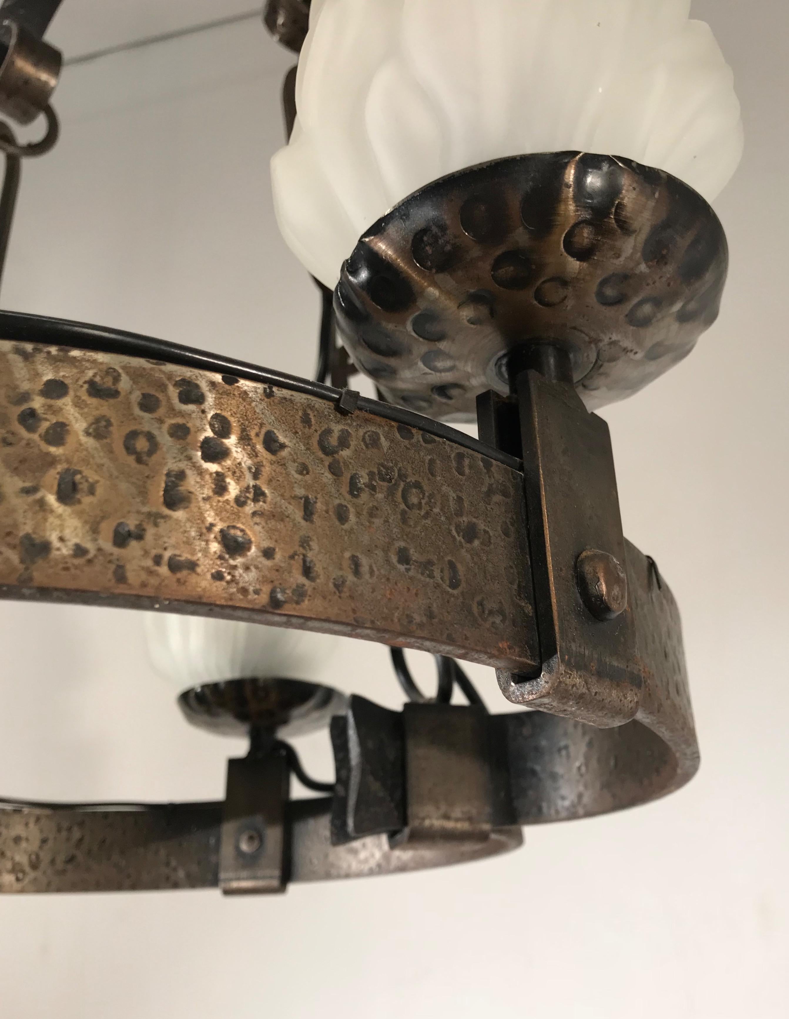 Arts & Crafts Hand-Hammered Wrought Iron Castle or Wine Cellar Pendant Light In Excellent Condition For Sale In Lisse, NL