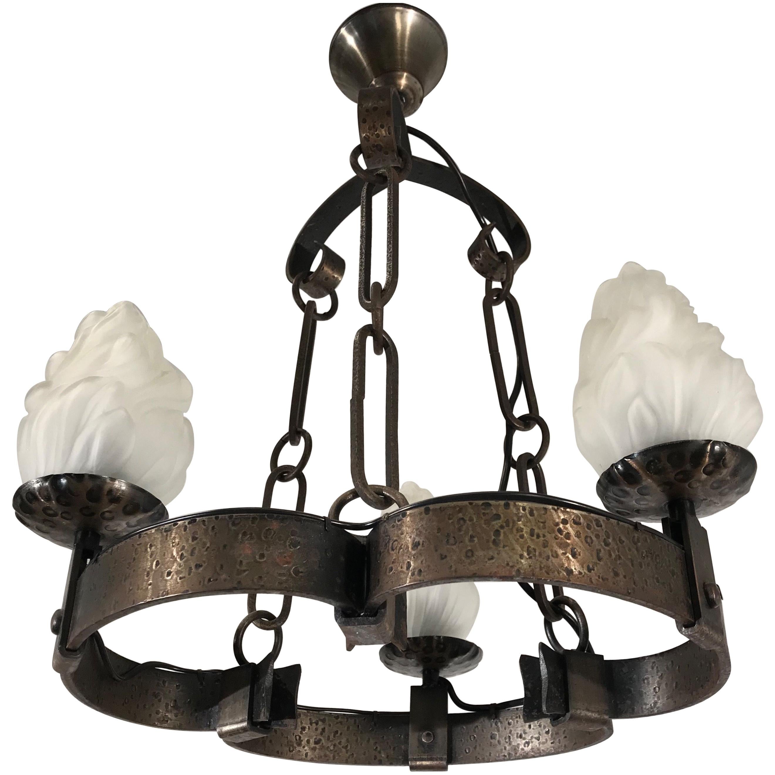 Arts & Crafts Hand-Hammered Wrought Iron Castle or Wine Cellar Pendant Light For Sale