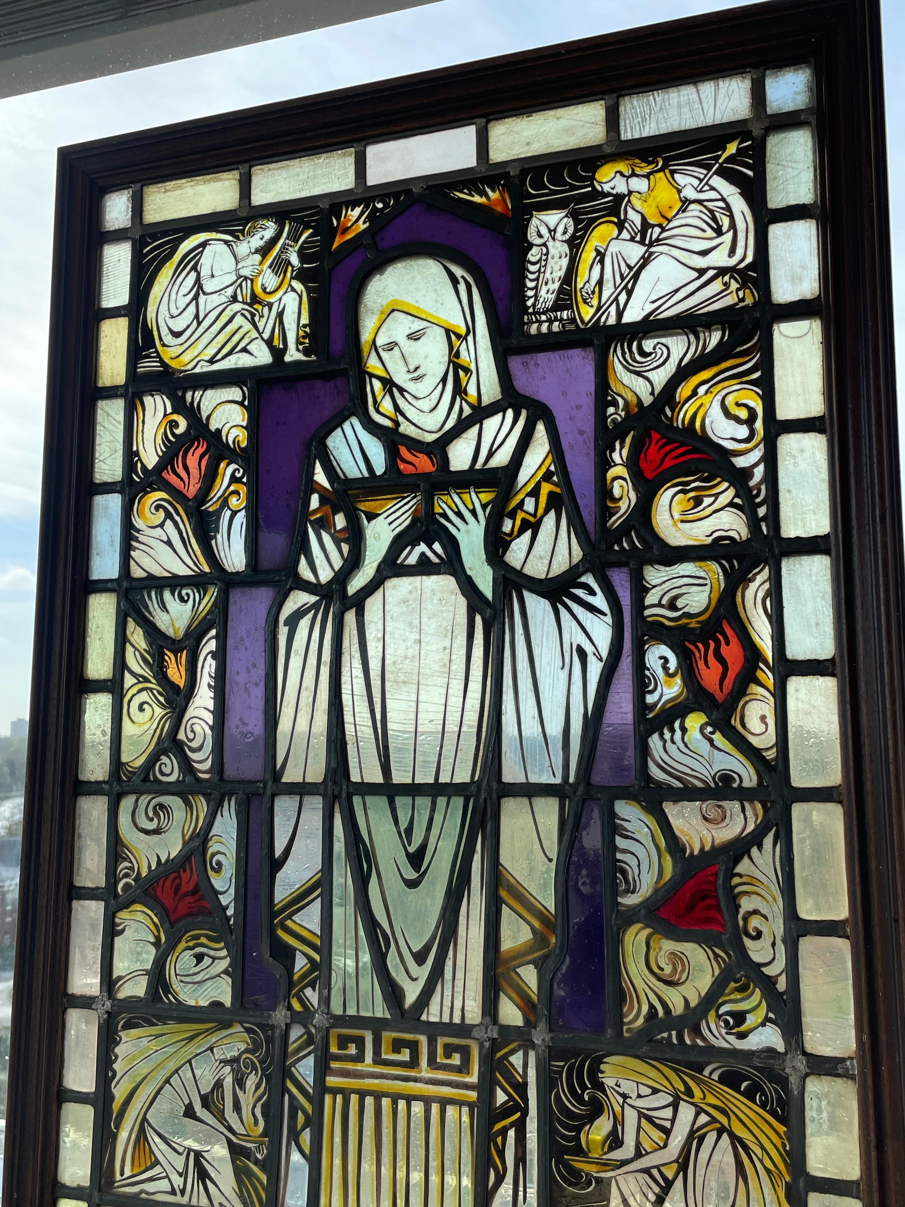 Arts & Crafts Hand Painted Church Glass Window Bible Reading Mary, Fire & Angels For Sale 3