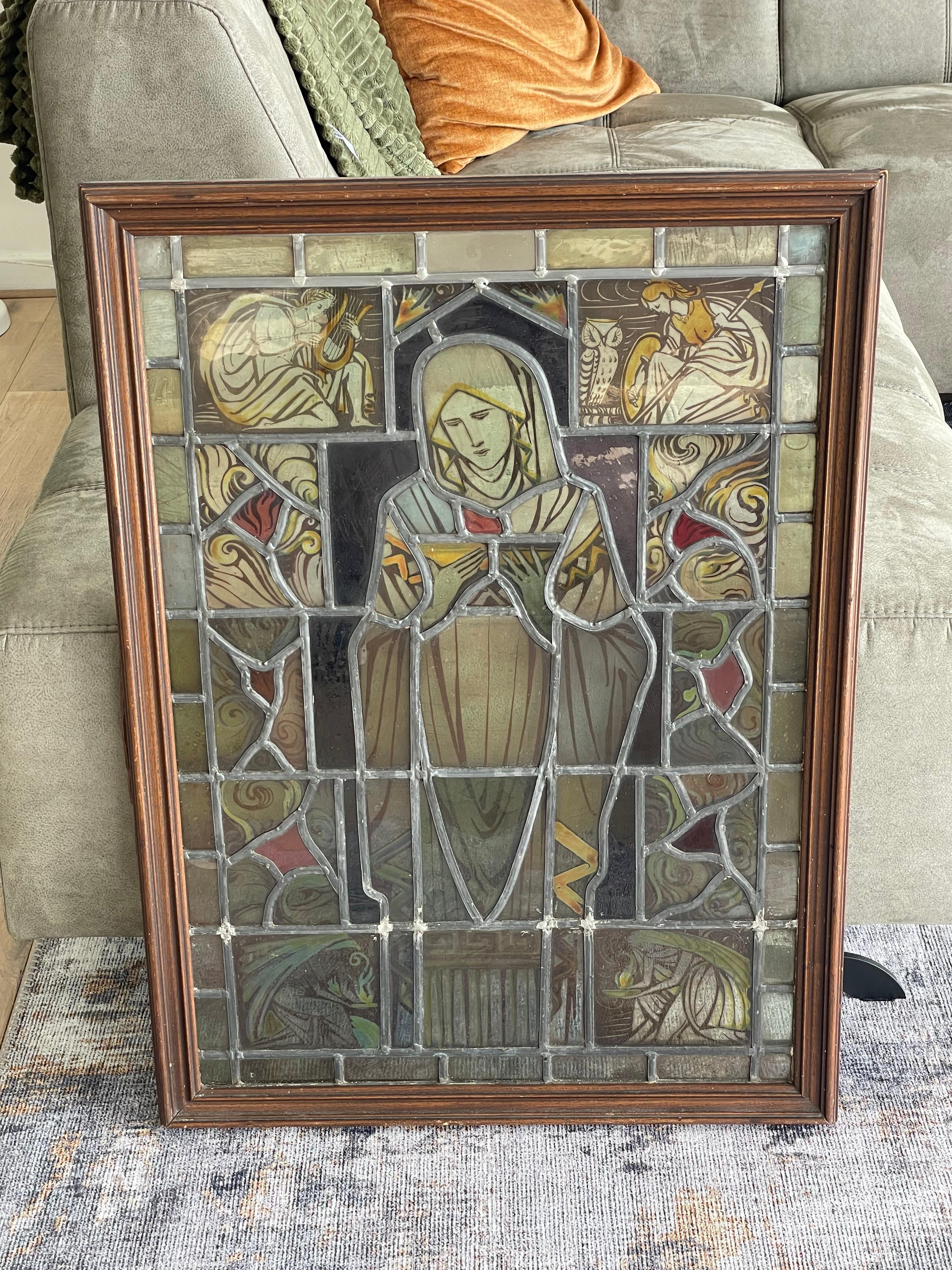 Arts & Crafts Hand Painted Church Glass Window Bible Reading Mary, Fire & Angels For Sale 4