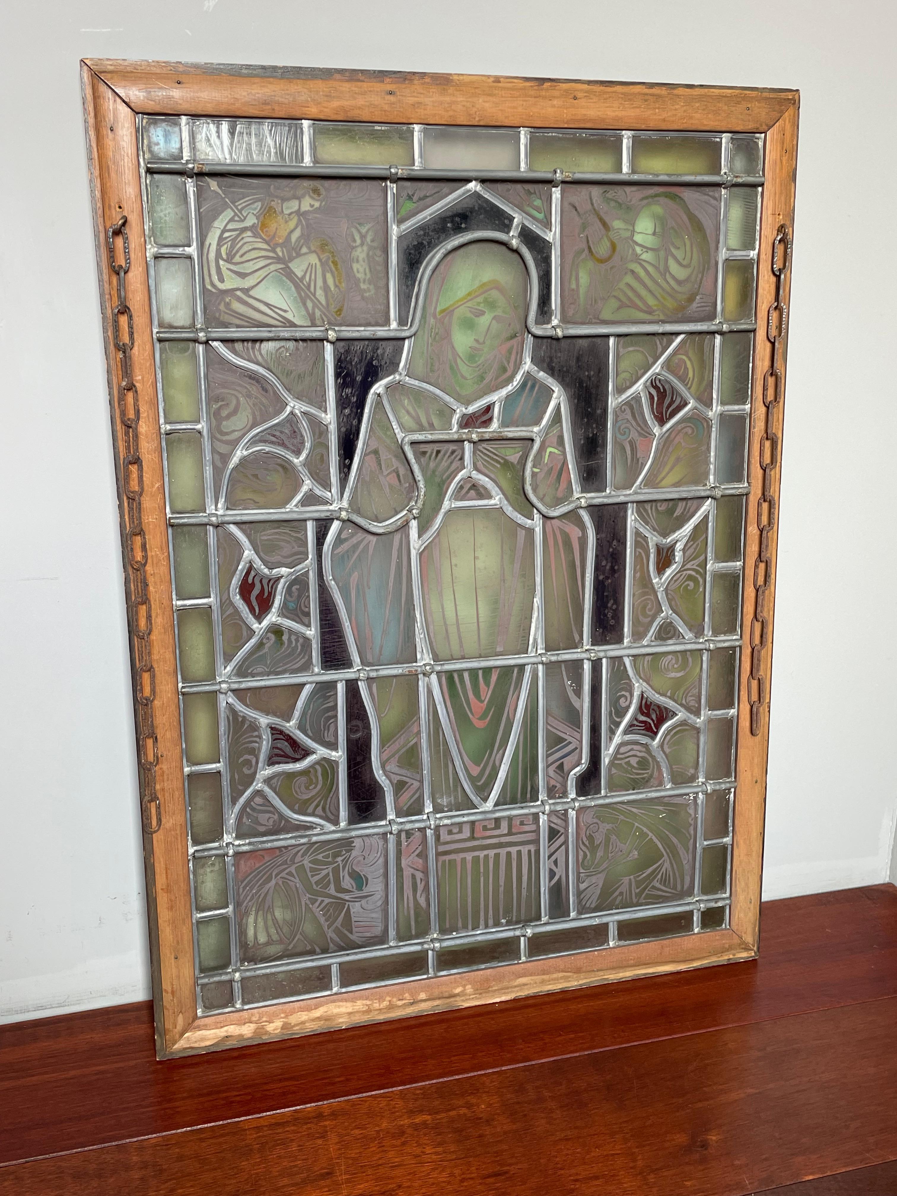 Arts and Crafts Handbemalte Kirchenglas-Fenster Bibel aus Kirchenglas, Lesung Maria, Feuer und Engel im Angebot 6