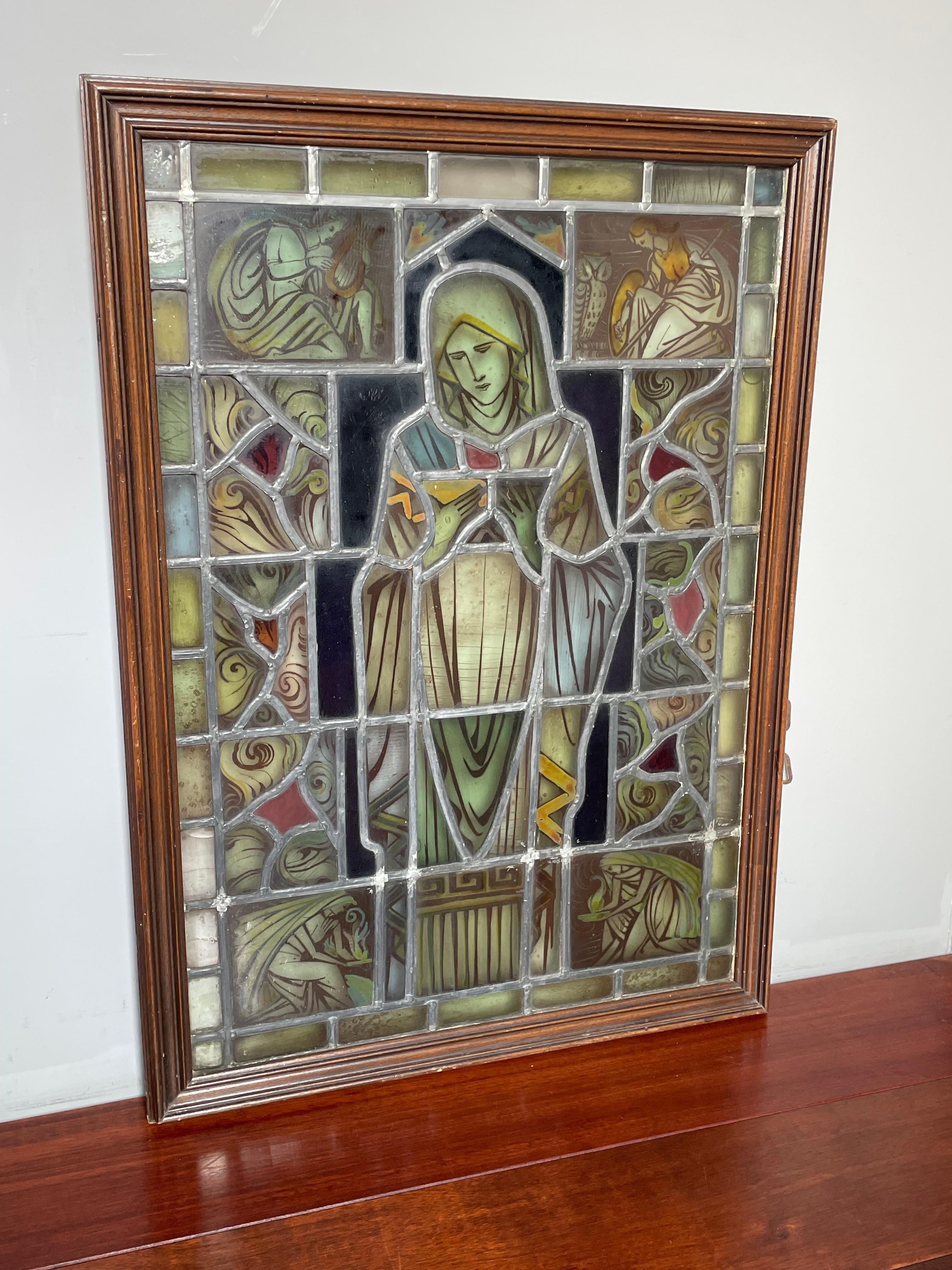 Arts & Crafts Hand Painted Church Glass Window Bible Reading Mary, Fire & Angels For Sale 8