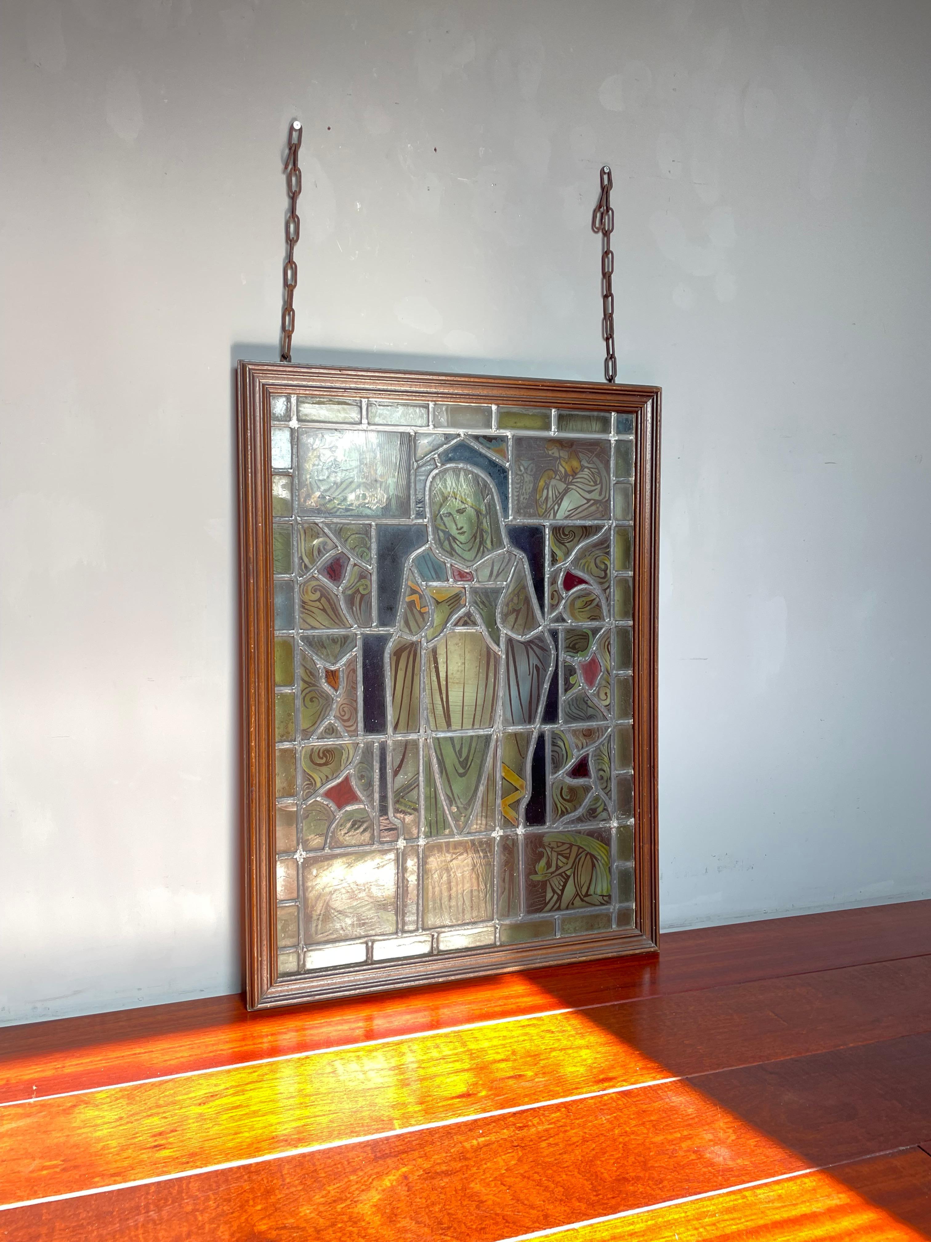 Arts & Crafts Hand Painted Church Glass Window Bible Reading Mary, Fire & Angels For Sale 9