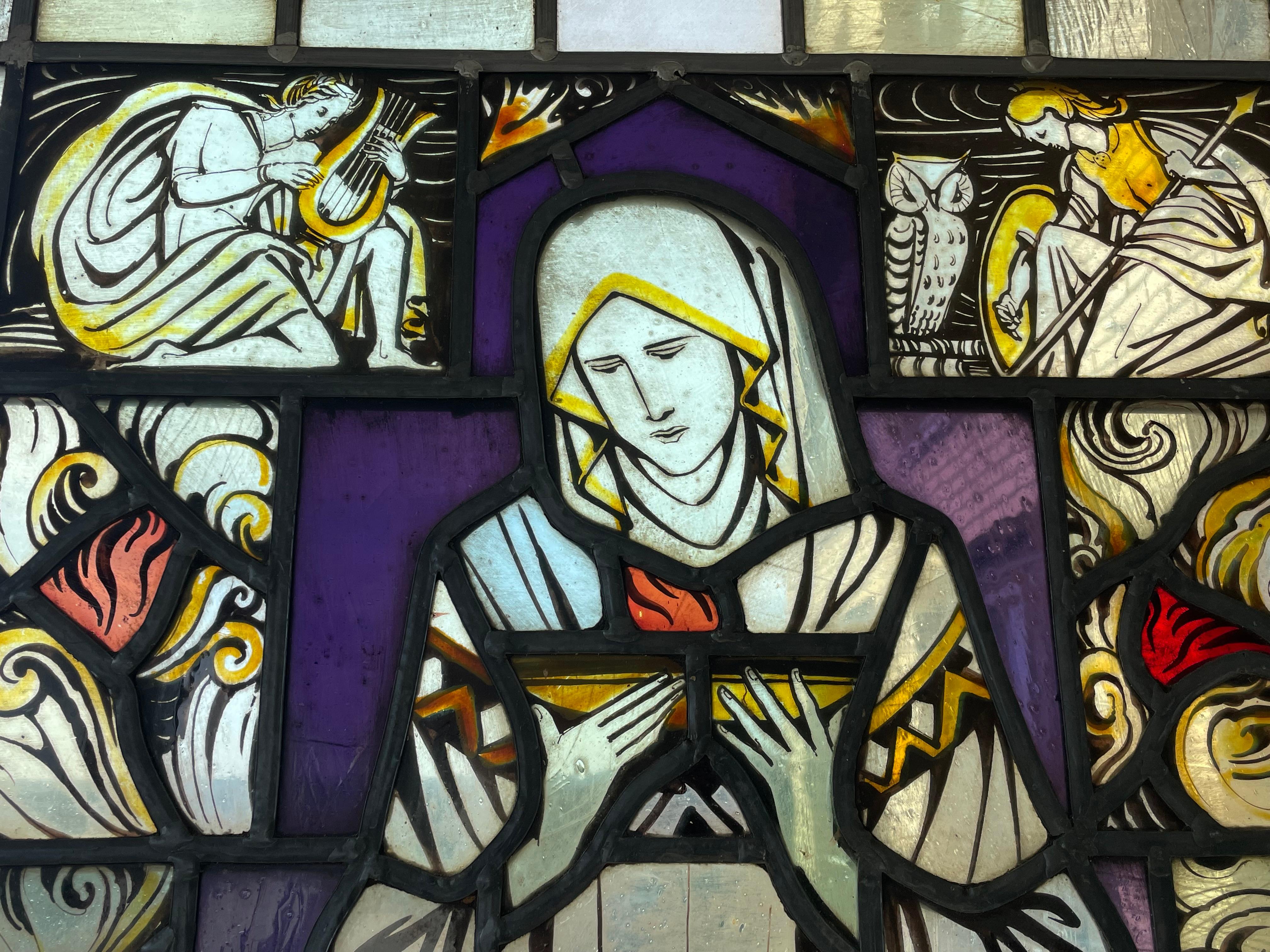 Dutch Arts & Crafts Hand Painted Church Glass Window Bible Reading Mary, Fire & Angels For Sale