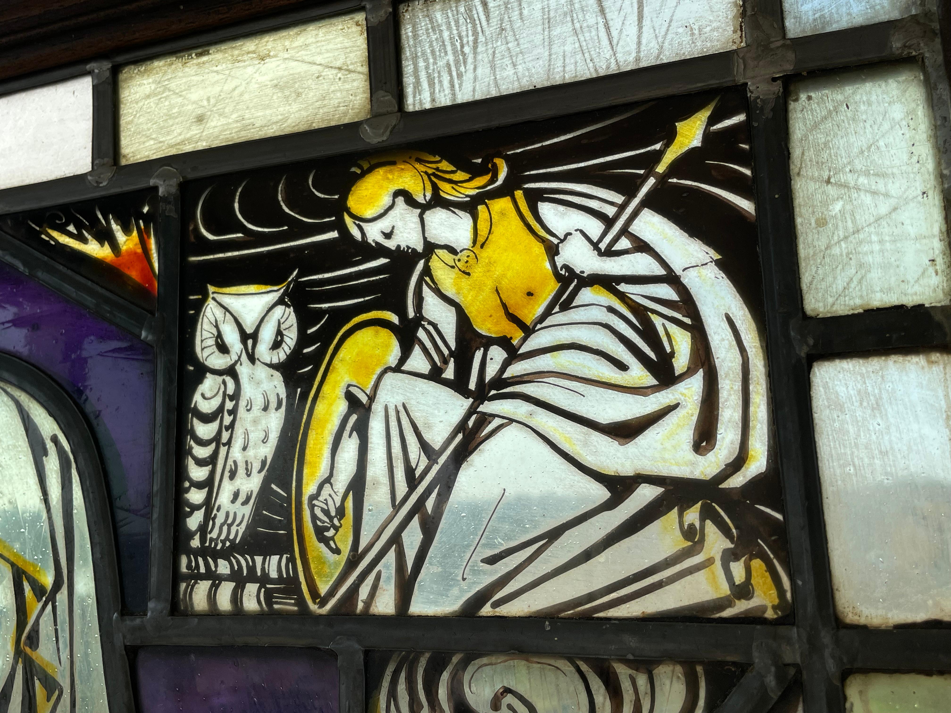 Arts & Crafts Hand Painted Church Glass Window Bible Reading Mary, Fire & Angels In Good Condition For Sale In Lisse, NL