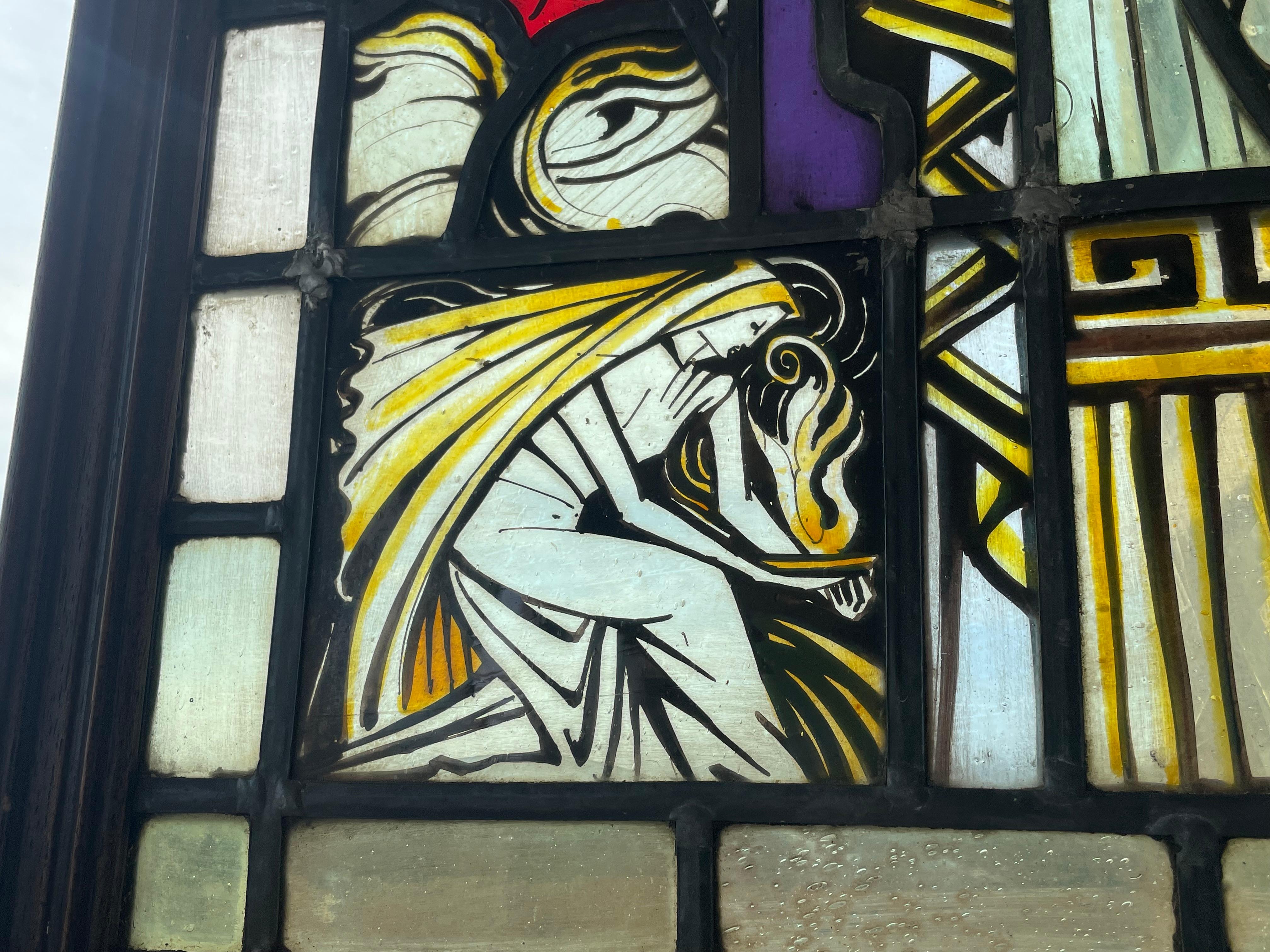 Arts and Crafts Handbemalte Kirchenglas-Fenster Bibel aus Kirchenglas, Lesung Maria, Feuer und Engel im Angebot 2