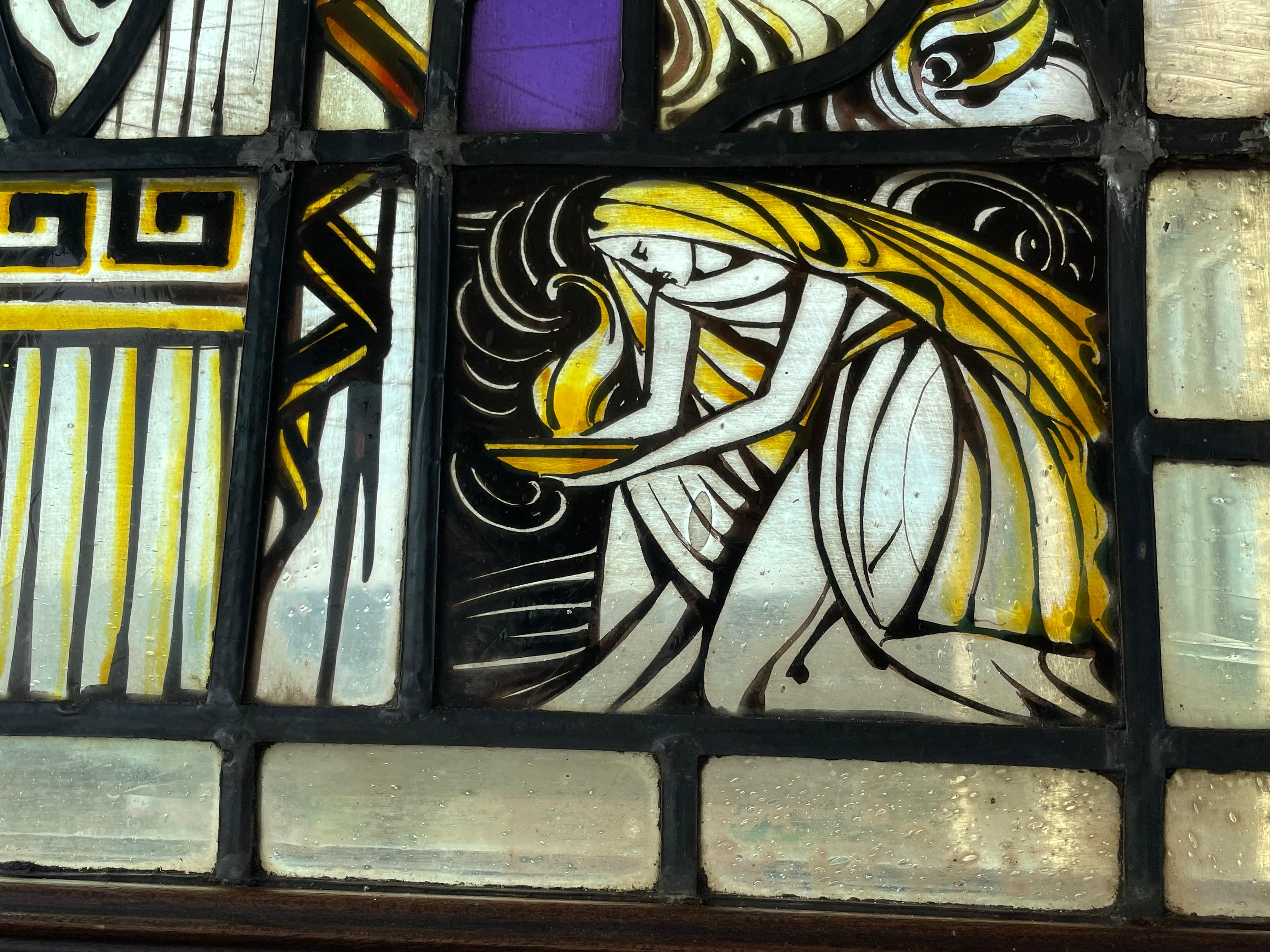 Arts and Crafts Handbemalte Kirchenglas-Fenster Bibel aus Kirchenglas, Lesung Maria, Feuer und Engel (Metall)