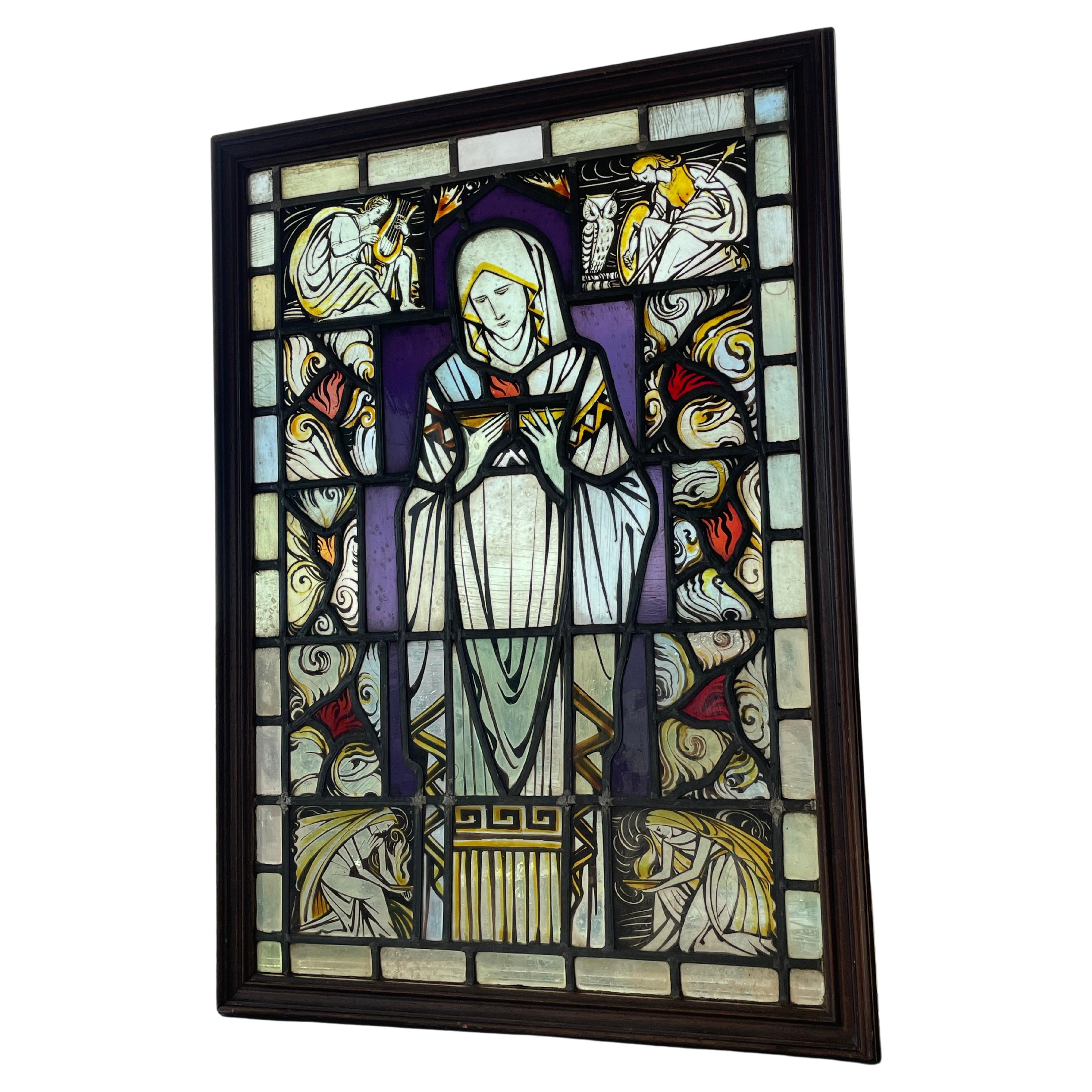 Arts & Crafts Hand Painted Church Glass Window Bible Reading Mary, Fire & Angels For Sale