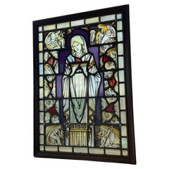 Arts & Crafts Hand Painted Church Glass Window Bible Reading Mary, Fire & Angels