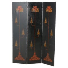 Arts & Crafts Hand Painted Leather Three Panel Mission Style Screen, Circa 1910