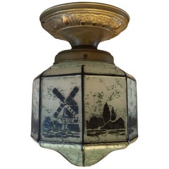 Antique Arts & Crafts Hand-Stencilled Octagonal Flush Mount Ceiling Fixture