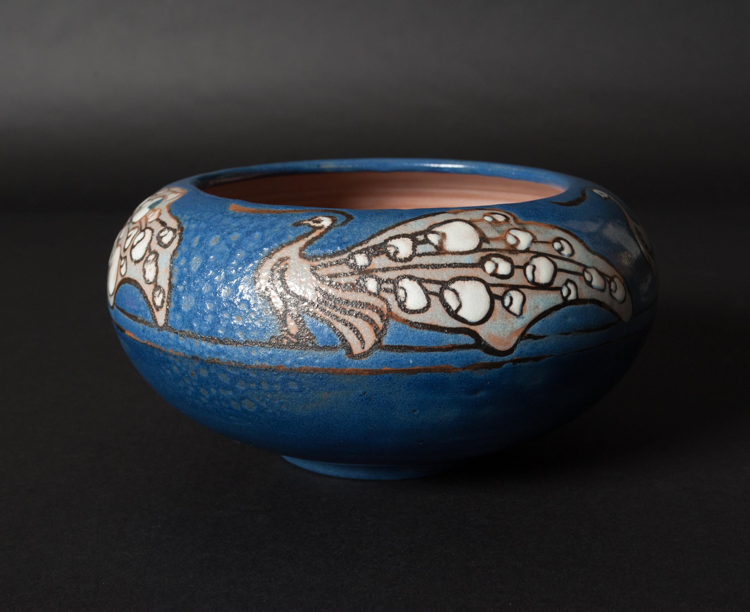 American Arts & Crafts Hand-Thrown Peacock Bowl by Frederick Rhead For Sale