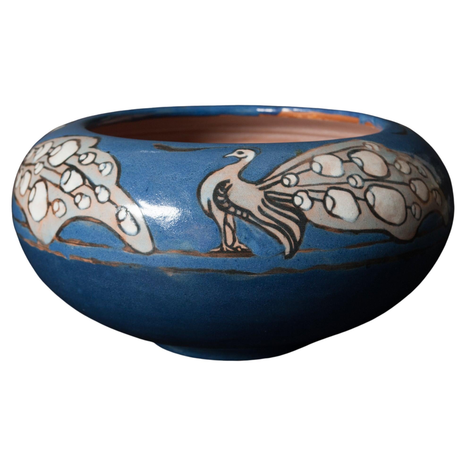 Arts & Crafts Hand-Thrown Peacock Bowl by Frederick Rhead For Sale