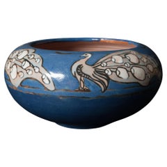 Arts & Crafts Hand-Thrown Peacock Bowl by Frederick Rhead