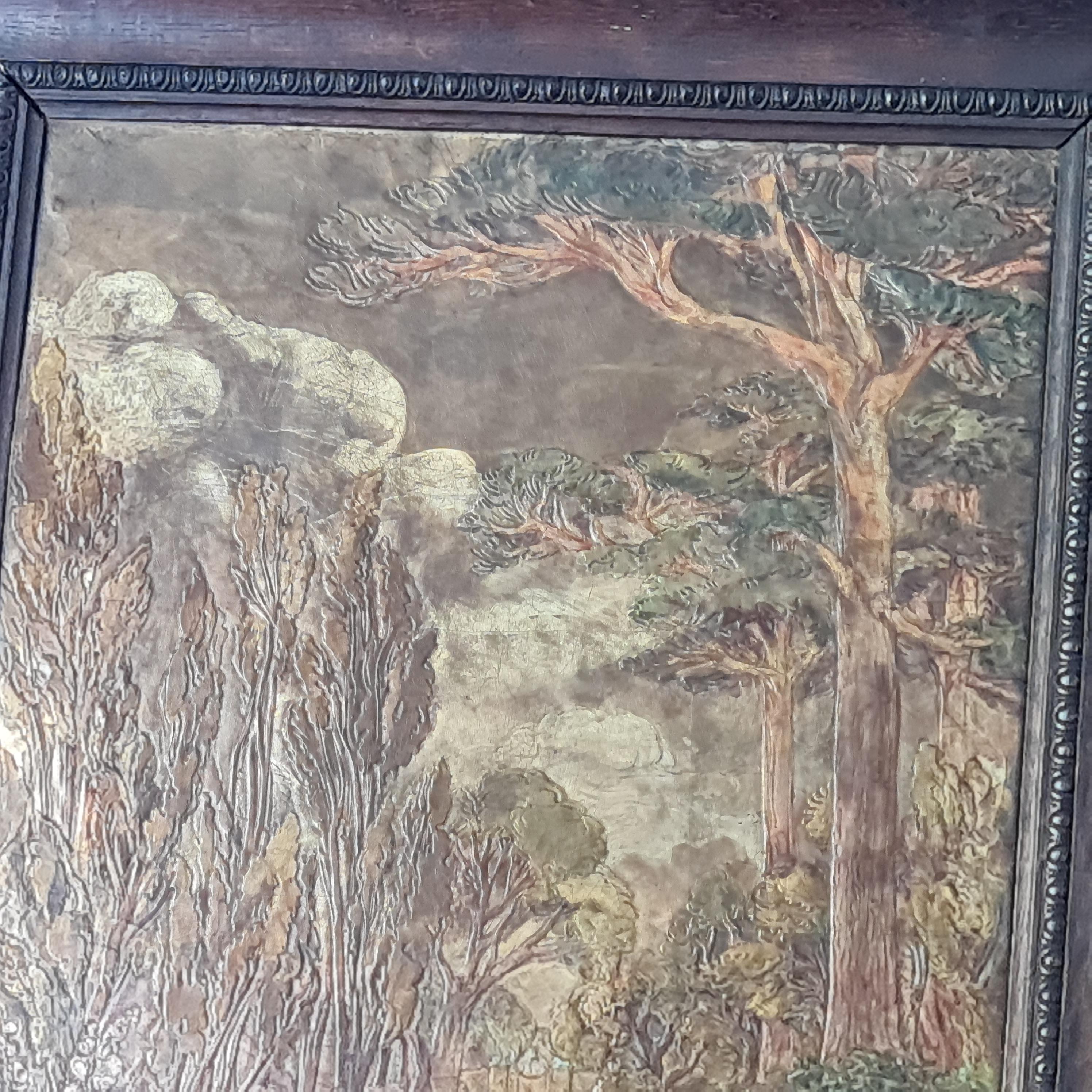 Britannico Quadro in pelle lavorato a mano Arts & Crafts in cornice originale di Oak in vendita