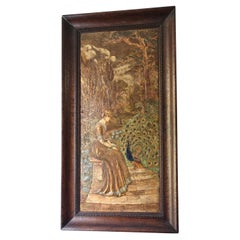 Arts & Crafts hand worked leather picture in original oak frame