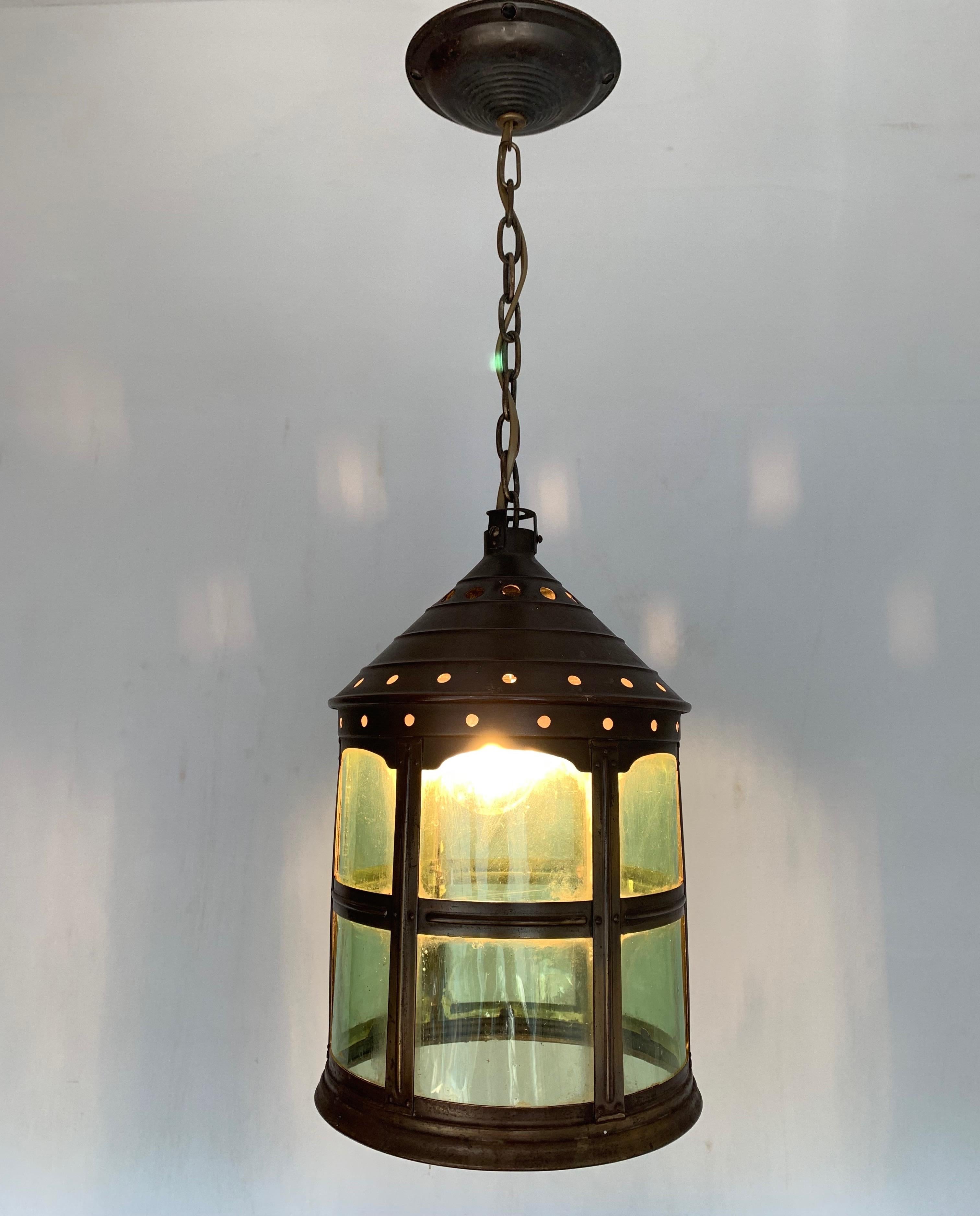 Arts & Crafts Handcrafted Copper and Green Cathedral Glass Pendant Chandelier 7