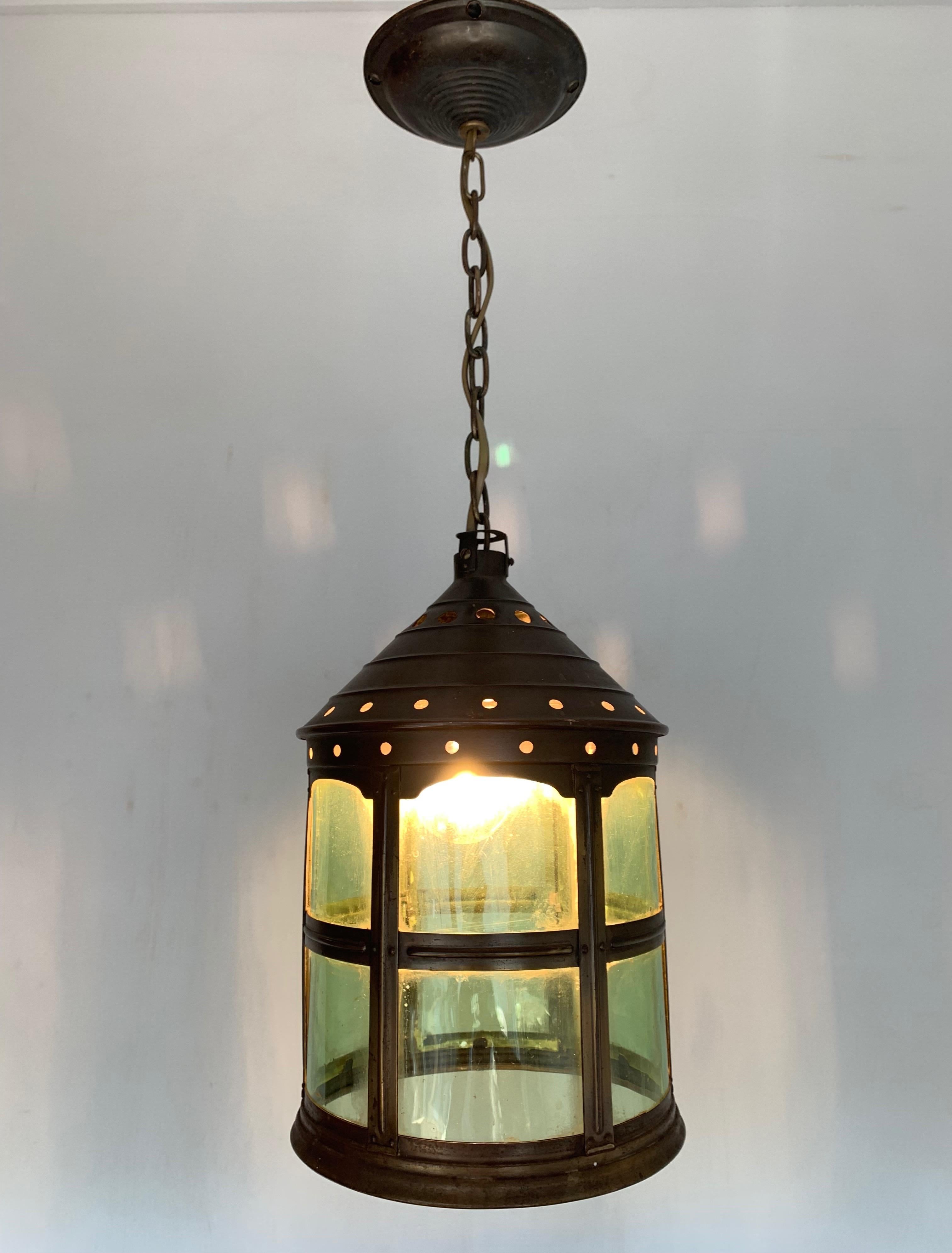 Arts and Crafts Arts & Crafts Handcrafted Copper and Green Cathedral Glass Pendant Chandelier