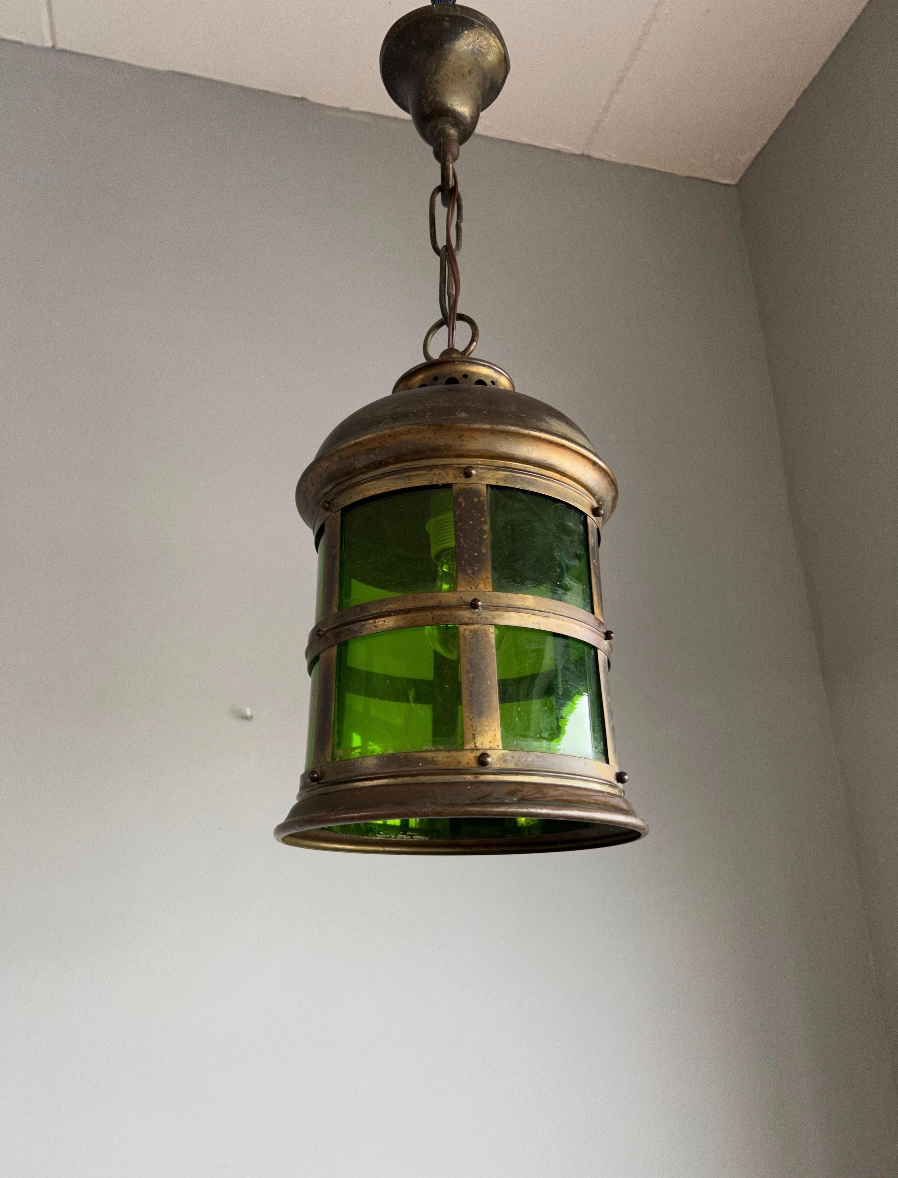 Arts & Crafts Handcrafted Copper & Green Stained Glass Circular Pendant Lantern For Sale 3