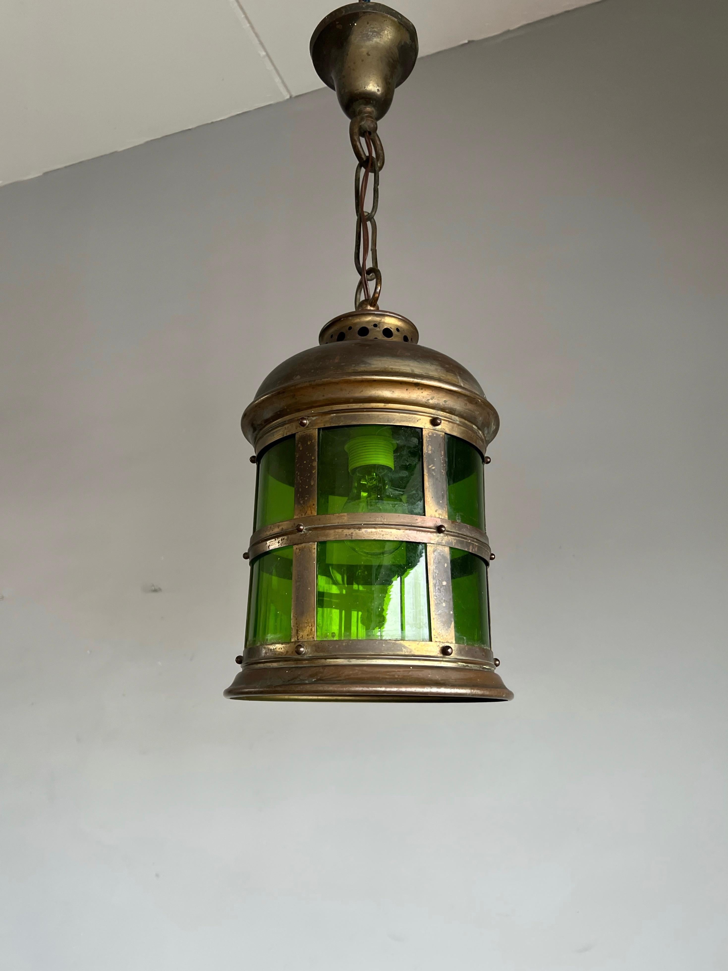 Arts & Crafts Handcrafted Copper & Green Stained Glass Circular Pendant Lantern For Sale 5