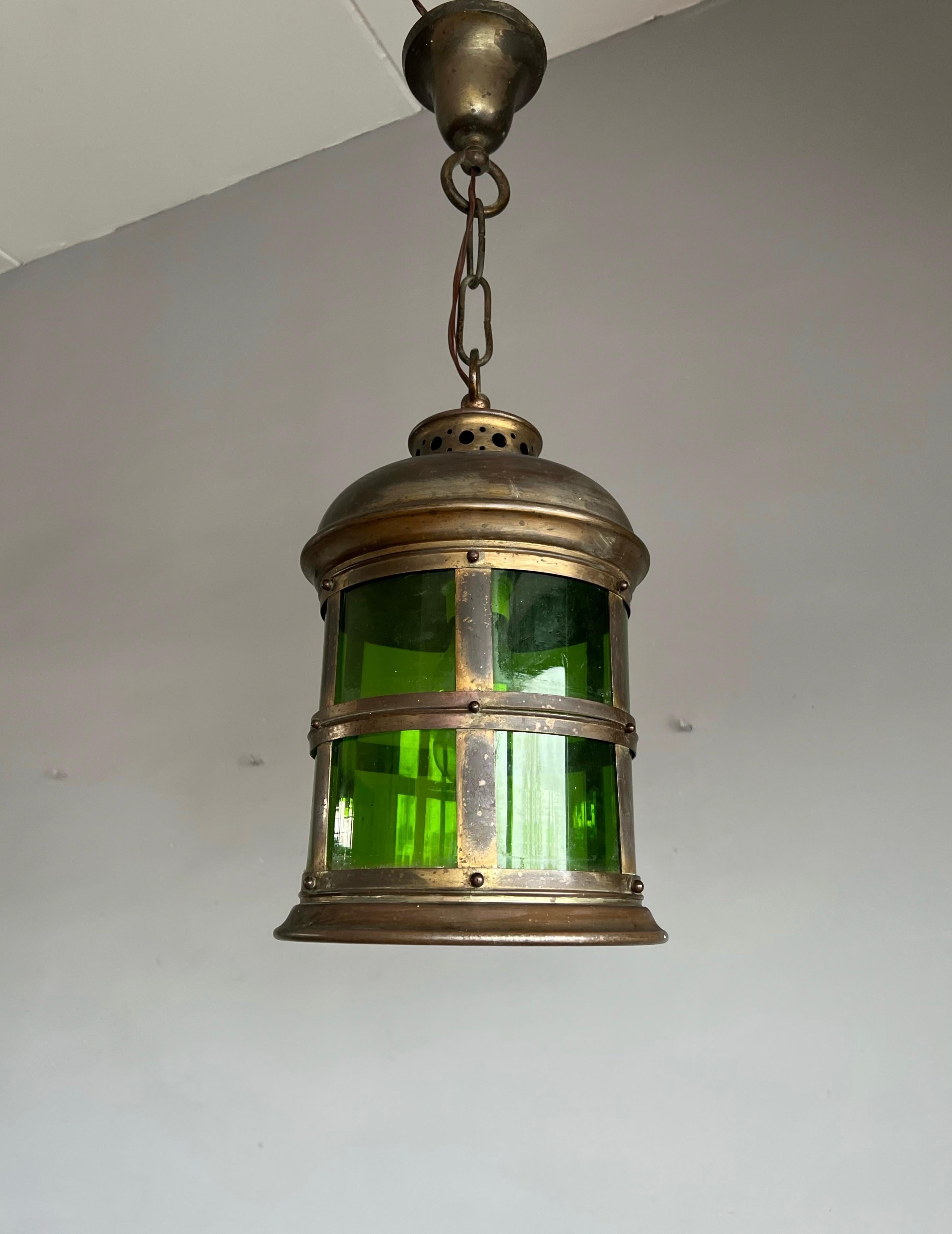 Arts & Crafts Handcrafted Copper & Green Stained Glass Circular Pendant Lantern For Sale 10