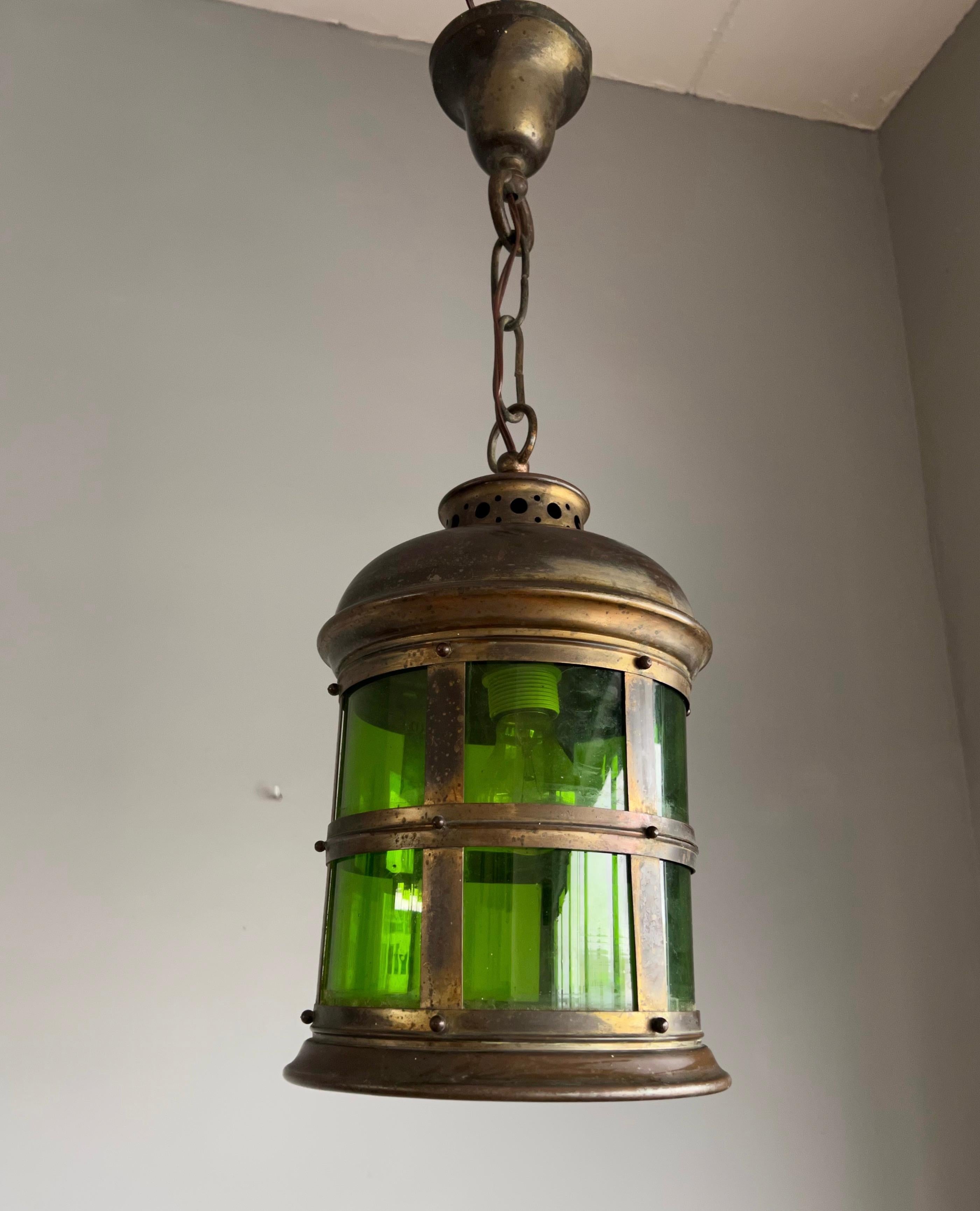 Unique and all handcrafted, round pendant light / fixture.

If you are looking for a stylish and quality crafted antique lantern to grace your entry hall, landing or bedroom then this Arts & Crafts beauty could be perfect for you. This early